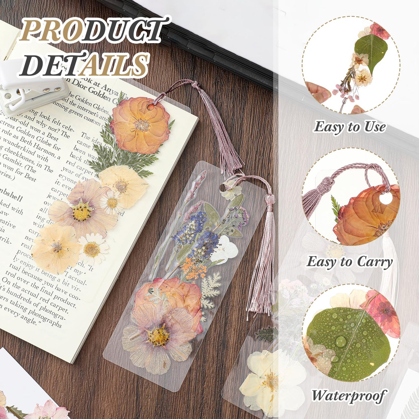 Fuyoooo 376 Pcs Dried Flower Bookmark Making Kit, DIY Bookmark Laminating Pouches with Tassels and Puncher, Handmade Craft Kit for Women, DIY Gifts for Book Lovers (Retro Color,2 x 6 Inch)