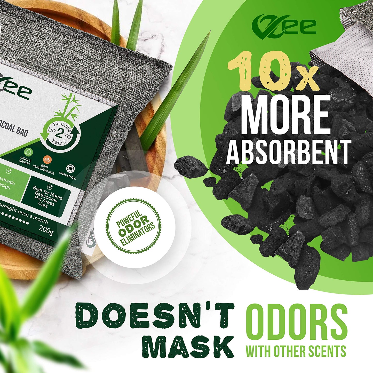 8 XL Bags x 200g Nature Fresh Activated Odor Absorber, Bamboo Charcoal Air Purifying Bag, Odor Eliminator for Home, Car, Cigarette Smoke, Dog, Cat, Shoes