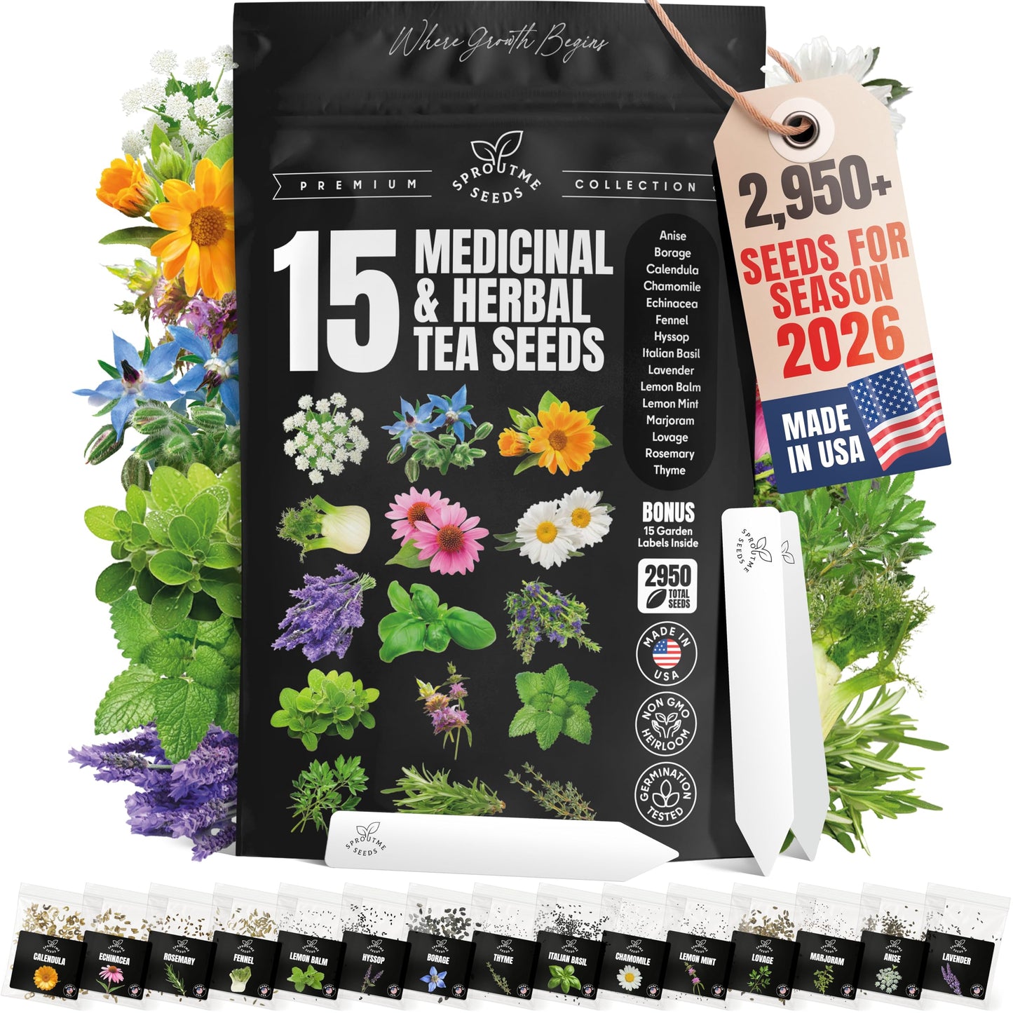 Medicinal Herb Seeds Variety Pack – Calendula, Echinacea, Lemon Balm, Hyssop & Lovage – 15 Varieties, 2950+ Non-GMO Heirloom Seeds, Indoor & Outdoor Growing