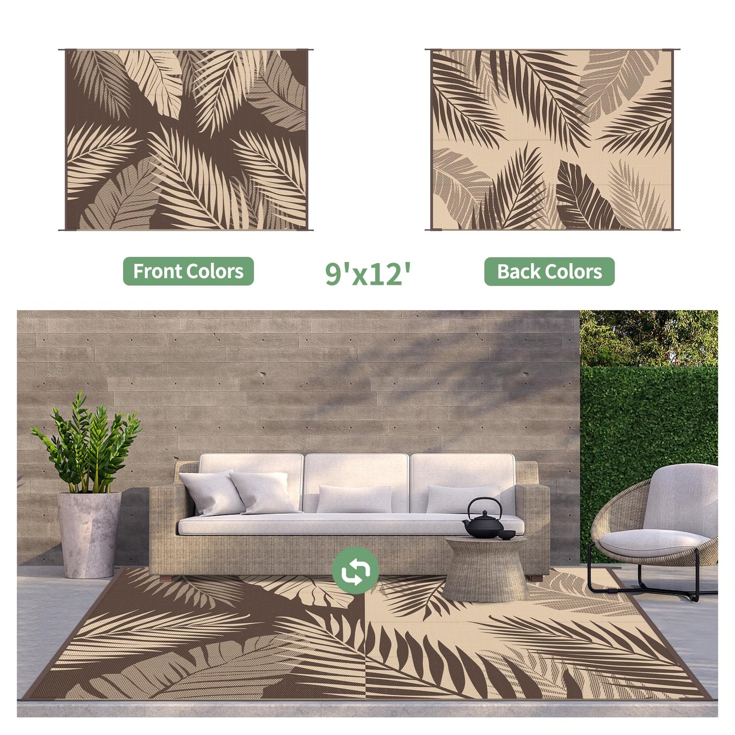 GENIMO Outdoor Rug 9' x 12' Waterproof for Patios Clearance, Reversible Outdoor Plastic Straw Camping Rug Carpet, Large Area Rugs Mats for RV, Camper, Deck, Balcony, Porch, Beach, Picnic, Coffee&Beige