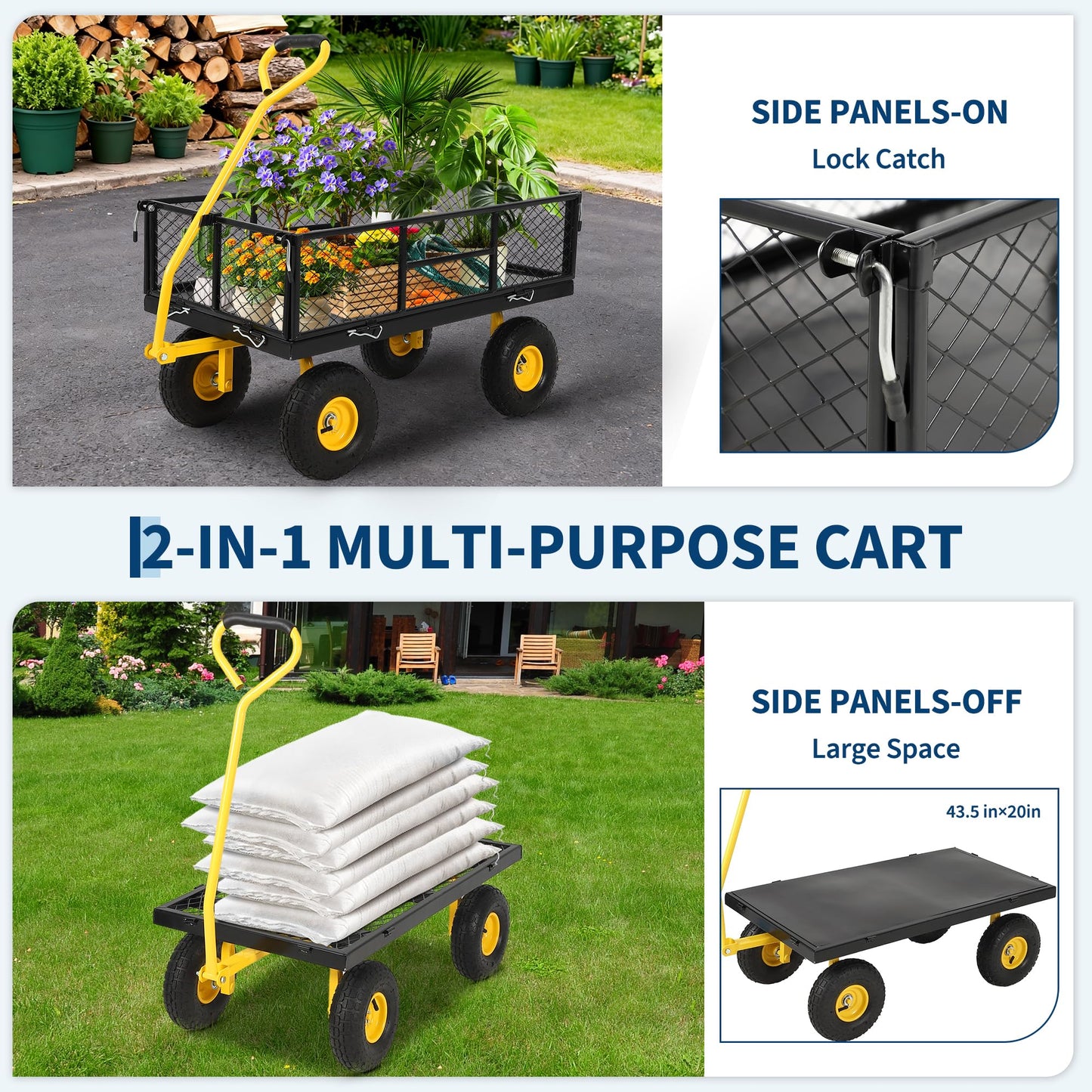 900 Lbs Heavy Duty Steel Garden Cart, Garden Wagon Cart on Wheels, Outdoor Metal Yard Utility Wagon Carts with and Mesh Removable Sides(Convert to Flatbed) and 180°Rotating Handle,Black