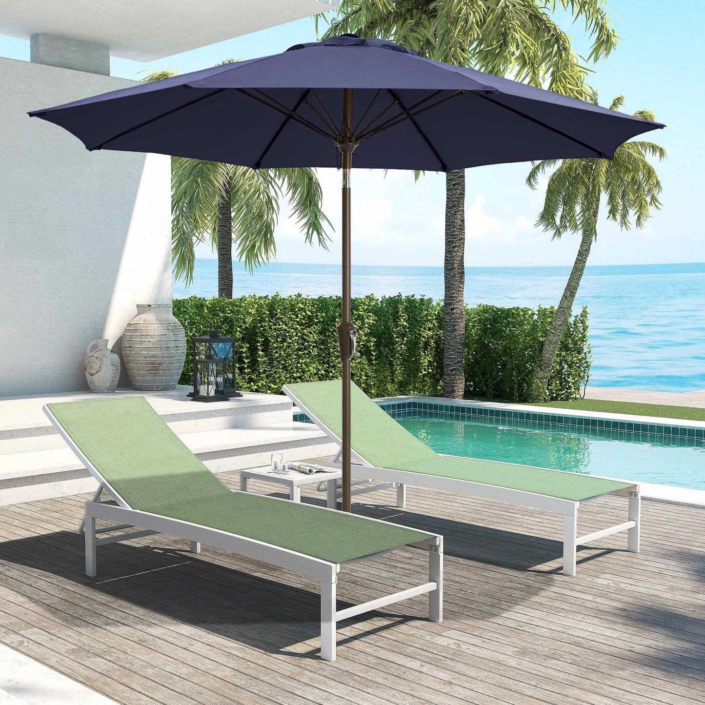LOUNZY 9FT Large Outdoor Patio Umbrella Table Umbrella-UV Resistant,Easy Push Button Tilt and Crank,8 Sturdy Fiberglass Ribs Pool Umbrella for Patio,Backyard,Deck,Yard,Market,Navy
