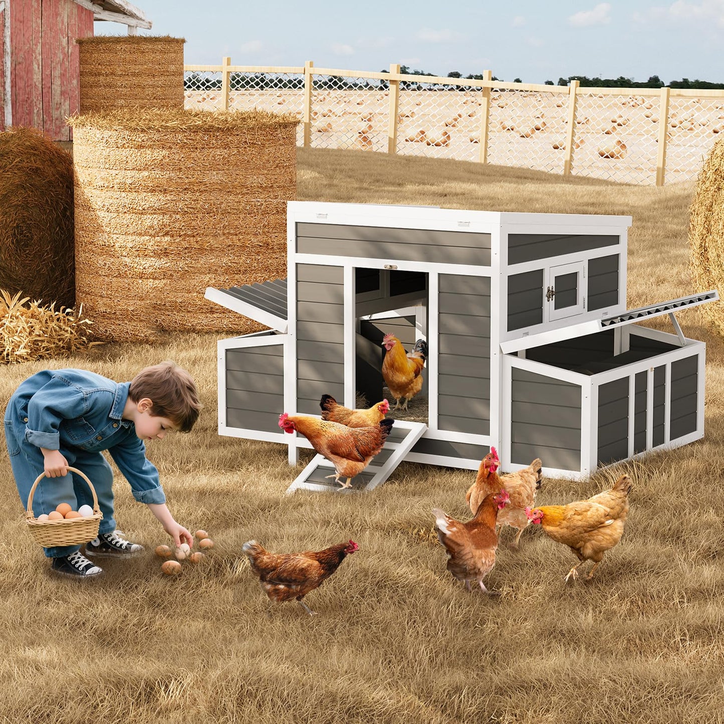 Wooden Chicken Coop, Large Chicken Coop for 4-6 Chickens, with 6 Nesting Boxes, Outdoor Poultry Cage Rabbit Cage with Ramps & Tray, 54.41" x 34.49" x 34.05"