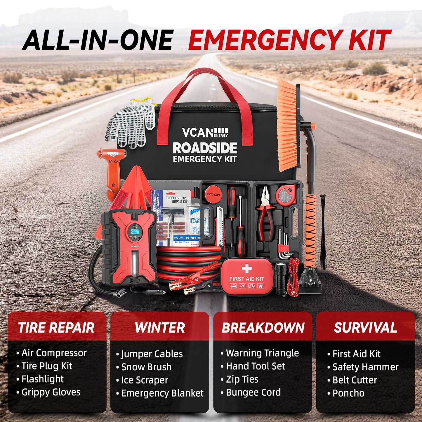 Car Emergency Safety Kit Bag with Portable Air Compressor, Jumper Cables,First Aid Kit, Winter Vehicle Roadside Emergency Kit with Snow Brush and Ice Scraper, for Women, Men, Teen