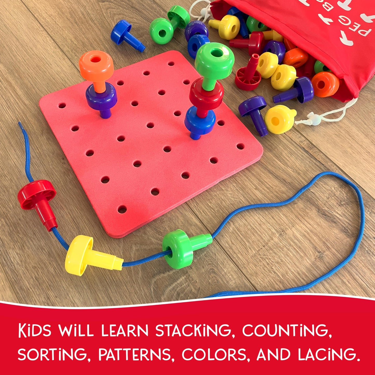 LMC Products Foam Peg Board Toy - 36 Pegs, Foam Board, Lacing String, Storage Bag - Occupational Therapy Toys - Fine Motor Skills Toys for Toddlers and Kids (Red)