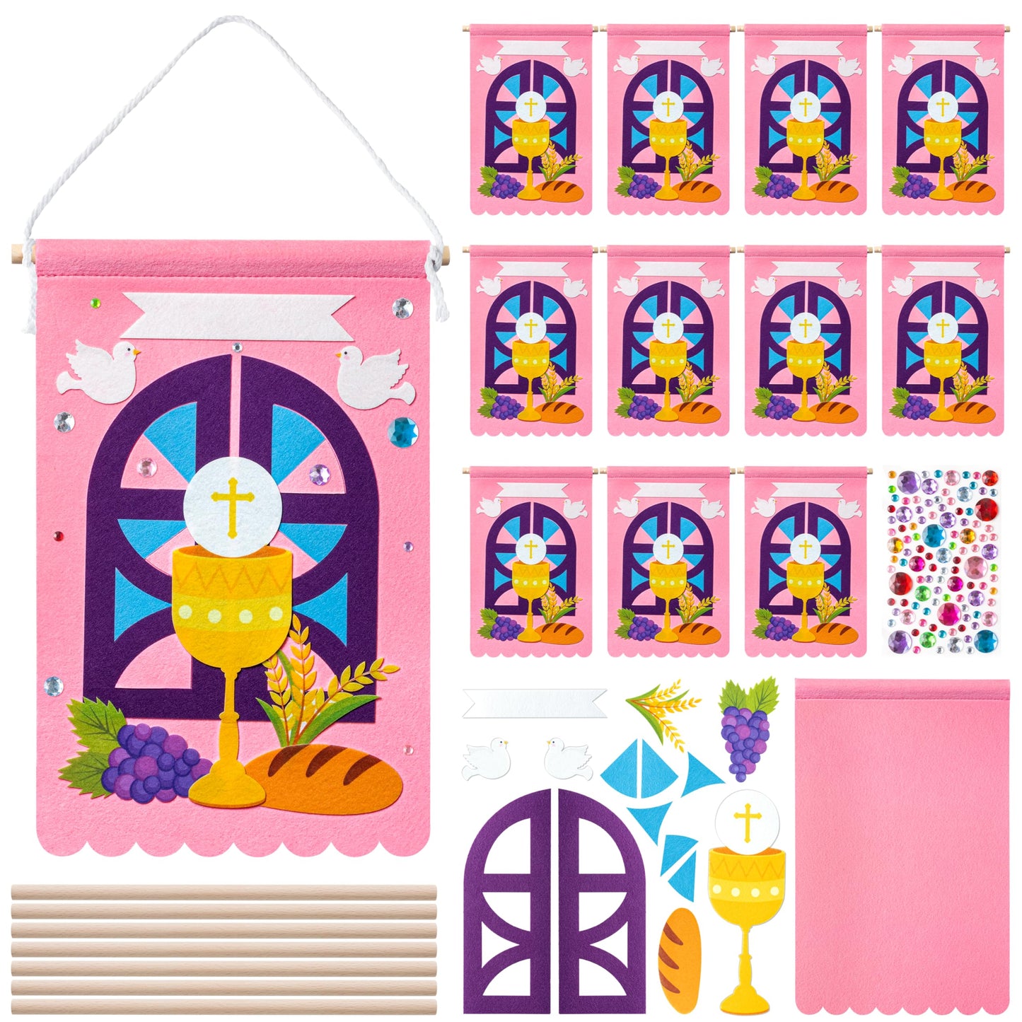 WATINC First Communion Banner Kit - 12 Set Holy 1st Communion Felt Banner Kit Baptism Christian Cross DIY Craft Decorations, Make Your Own Sunday School Church Hanging Crafts Supplies for Girls (Pink)
