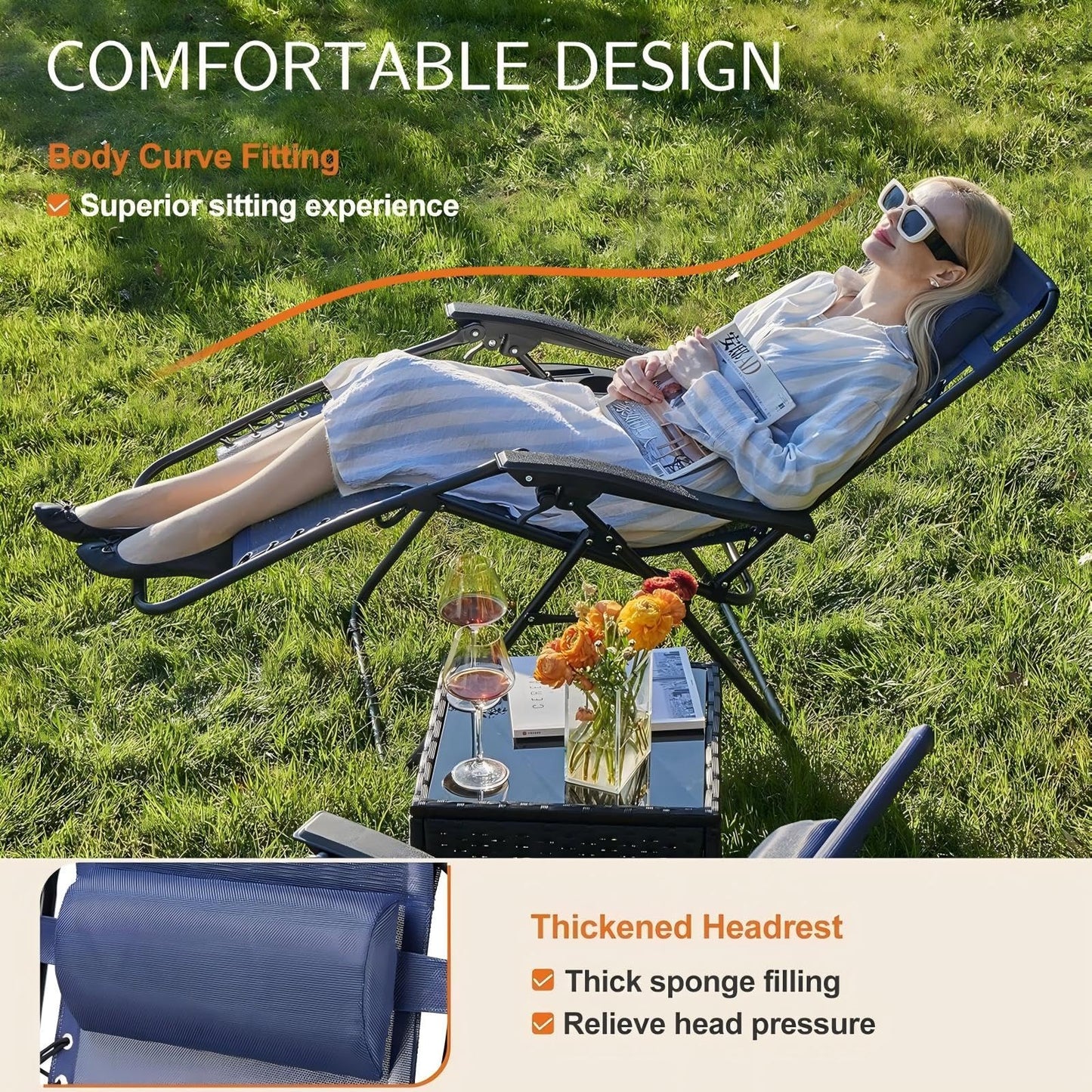 Sweetcrispy Zero Gravity Chairs, Set of 4 Portable Recliner Beach Camping Patio Outdoor Folding Lounge Chair with Cup Holder Trays and Adjustable Pillow for Poolside, Garden, Backyard, Lawn (Blue)