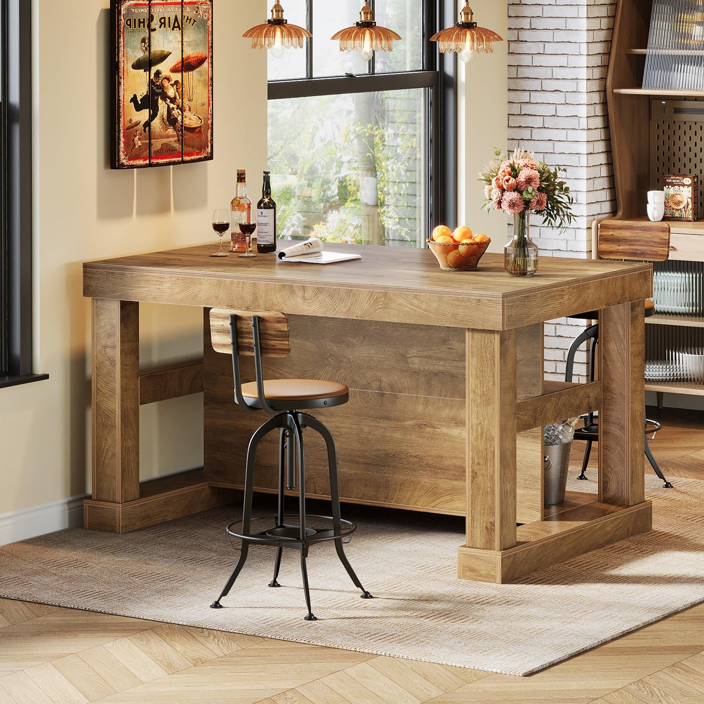 Tribesigns Bar Table, 55-Inch Counter Height Pub Table with Storage Shelves, High Top Kitchen Dining Table, Rectangle Wood Home Bar Unit for Dining Room, Bistro, Light Brown
