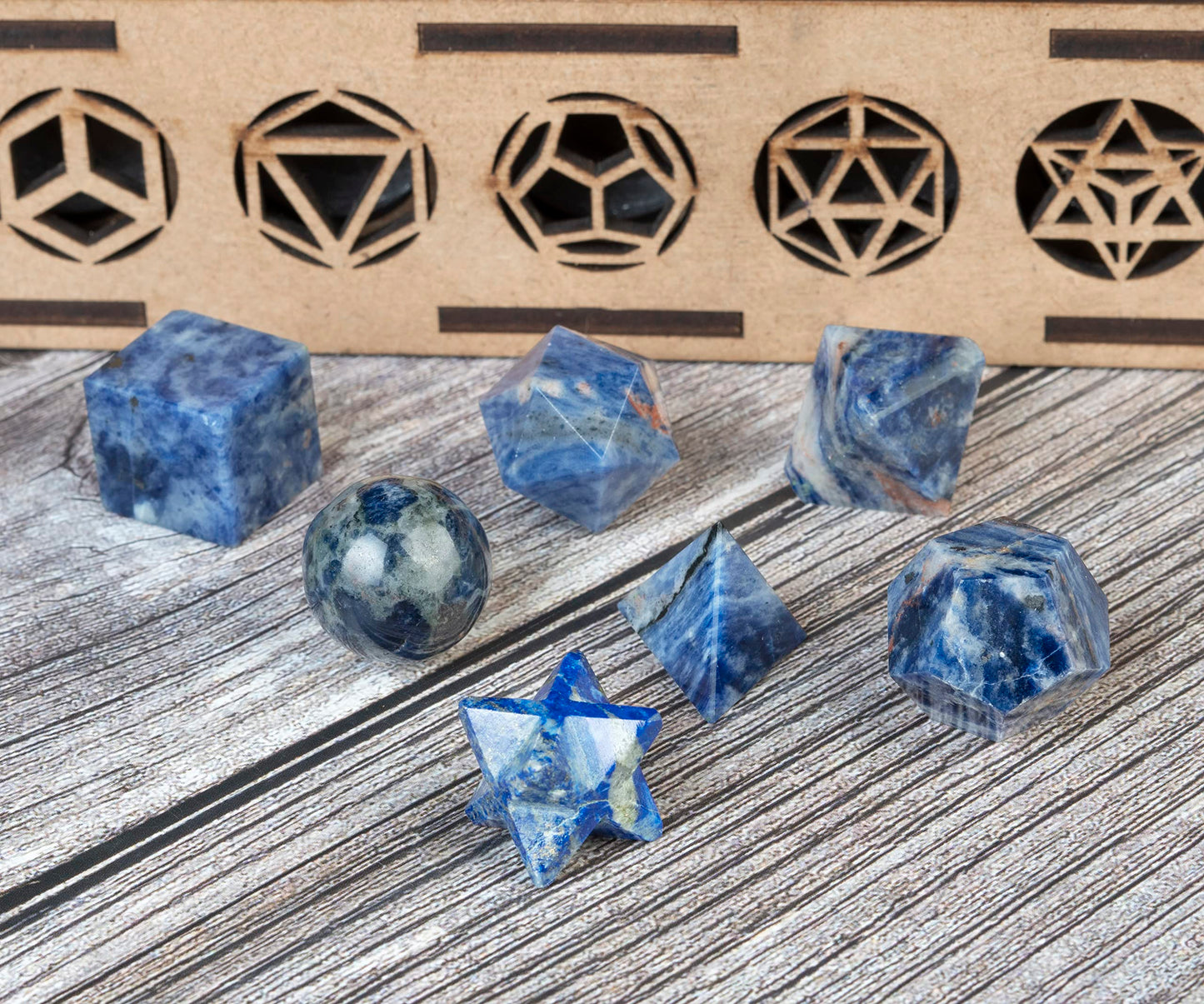 Crocon Sodalite 7Pcs Platonic Solids Crystal Geometry Set, Platonic Solids Sacred Geometric Stones for Meditation Reiki Balancing Healing Chakra Stone Cleansing Spiritual Good Luck (15-20 mm)