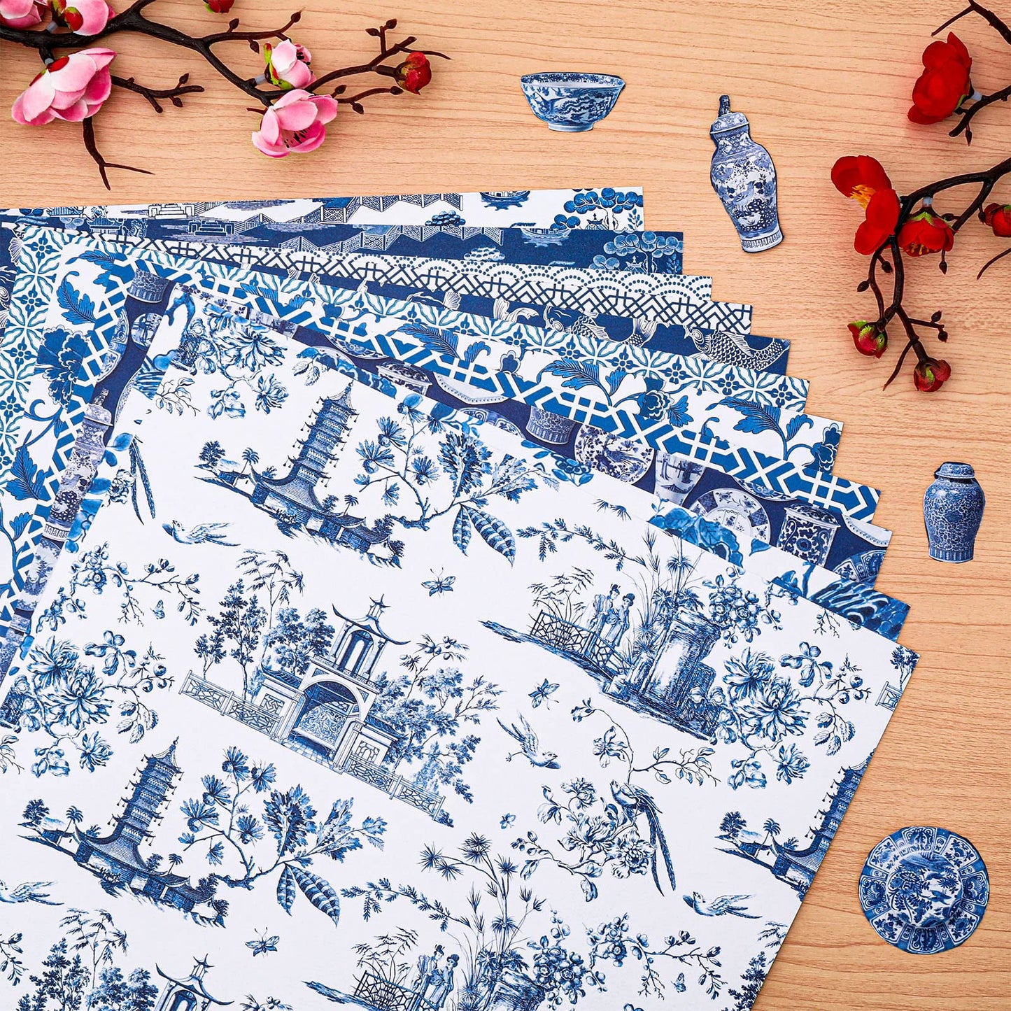 Whaline 24 Sheets Chinoiserie Pattern Paper 12 Design Blue China Scrapbook Specialty Double-Sided Collection Oriental Decorative Craft Paper for DIY Card Making Photo Album Journal Decor