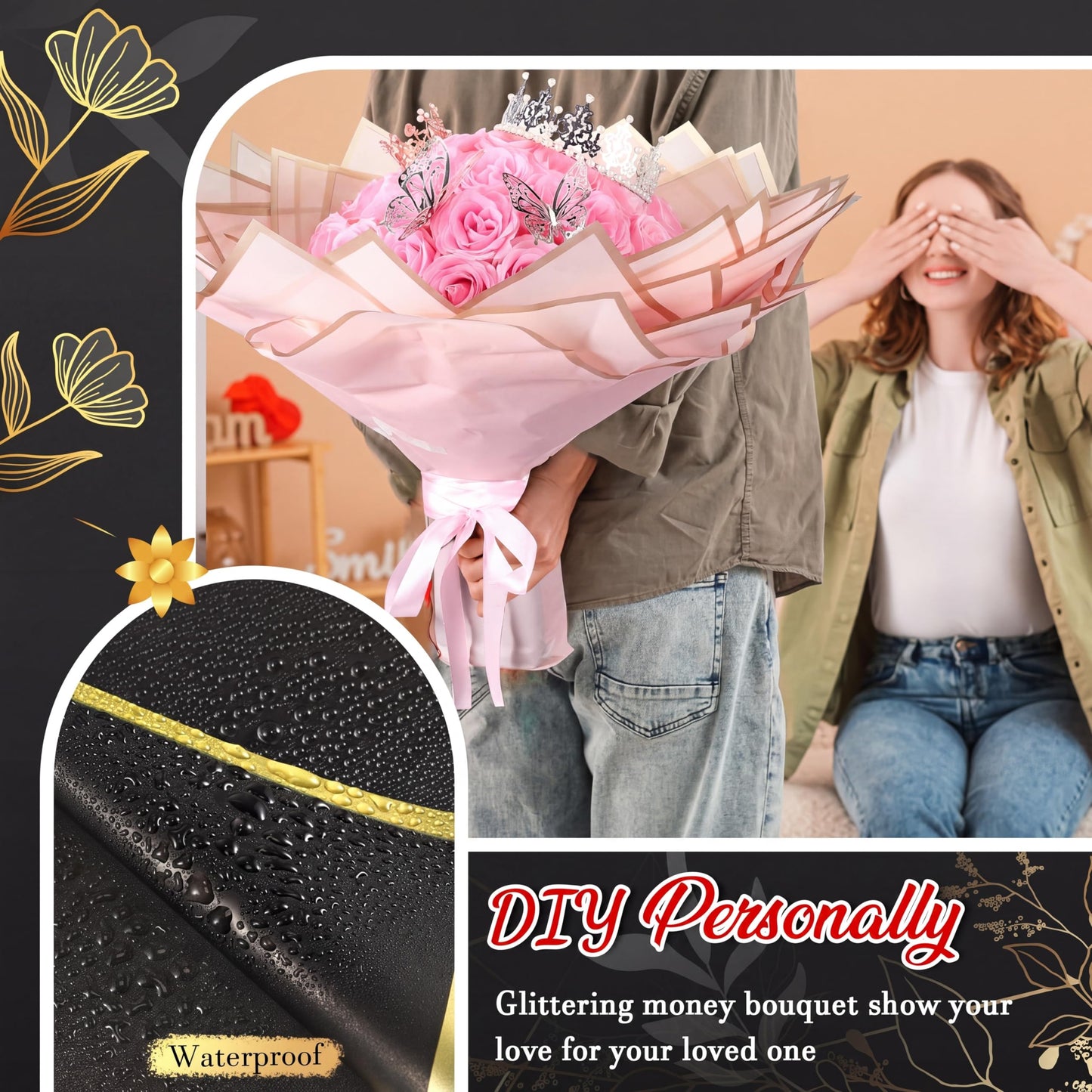 Fullhawl Money Bouquet Kit 48 Sheets Flower Wrapping Paper 48 Butterflies 4 Crowns 18 Cards 150 Bamboo Skewers Flower Bouquet Accessories for Birthday, Graduation, Wedding Gifts(Chic Colors)