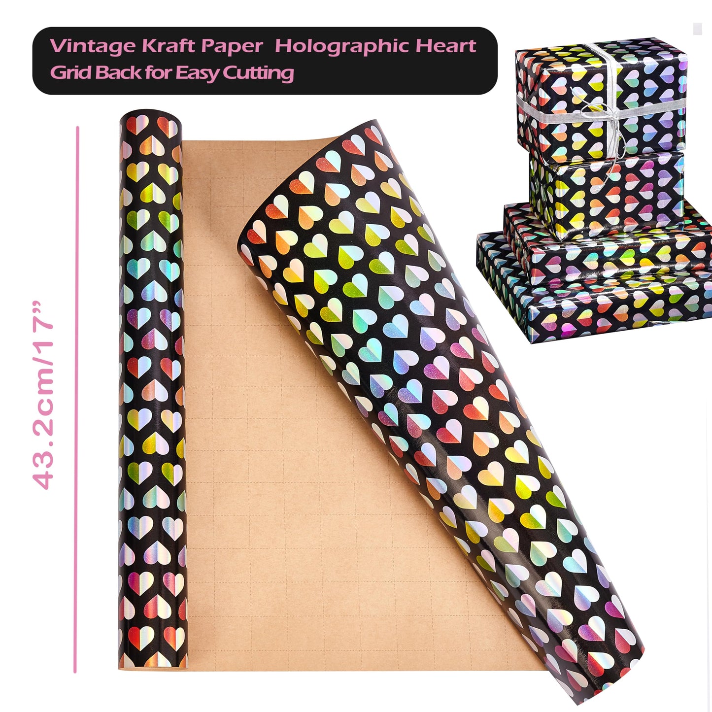 LUVONA Rainbow Heart Wrapping Paper – Black Kraft, Mini Roll 17 inch x 33 feet – Colorful Foil Gift Wrap for Valentine’s, Wedding, Birthday
