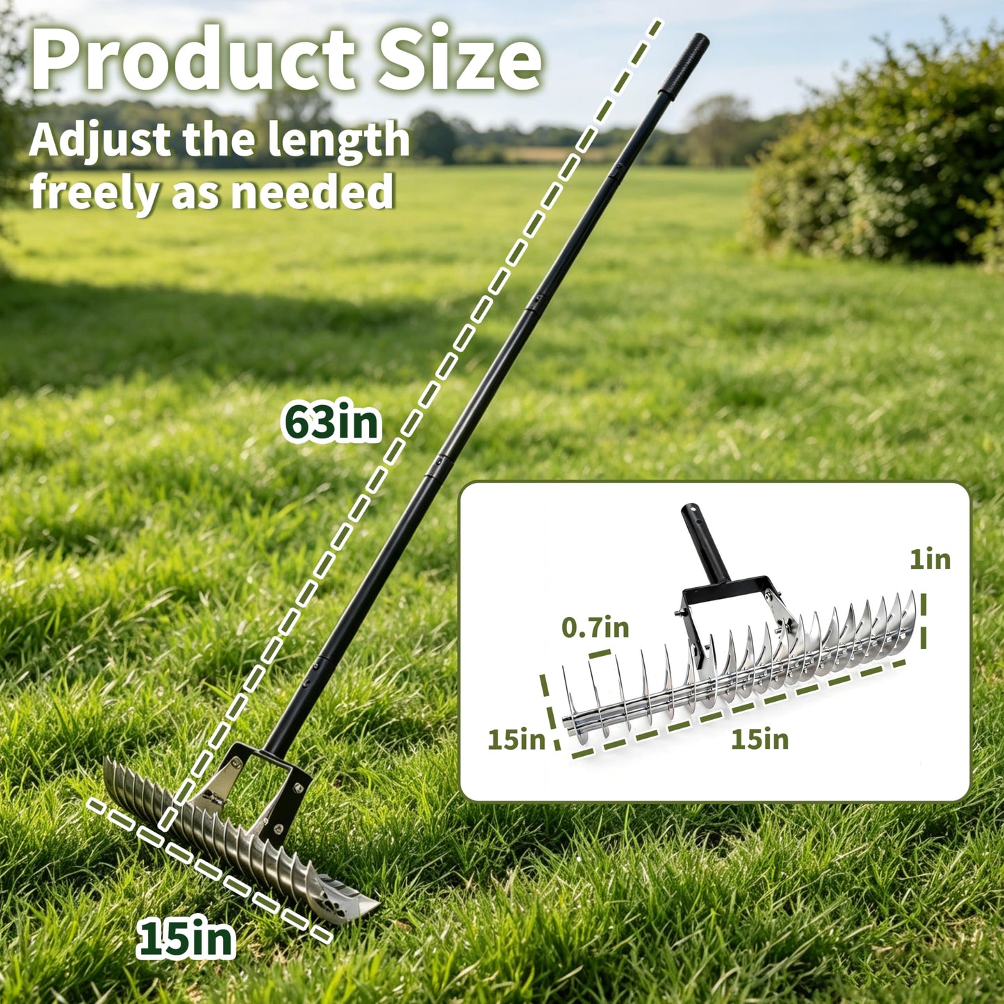 Dethatcher Rake 15-Inch Lawn Thatching Rake,19-Tine Heavy-Duty Steel Dethatching Rake with Adjustable Head&Long Handle,Durable Thatch Rake for Removing Dead Grass,Moss&Lawn Debris