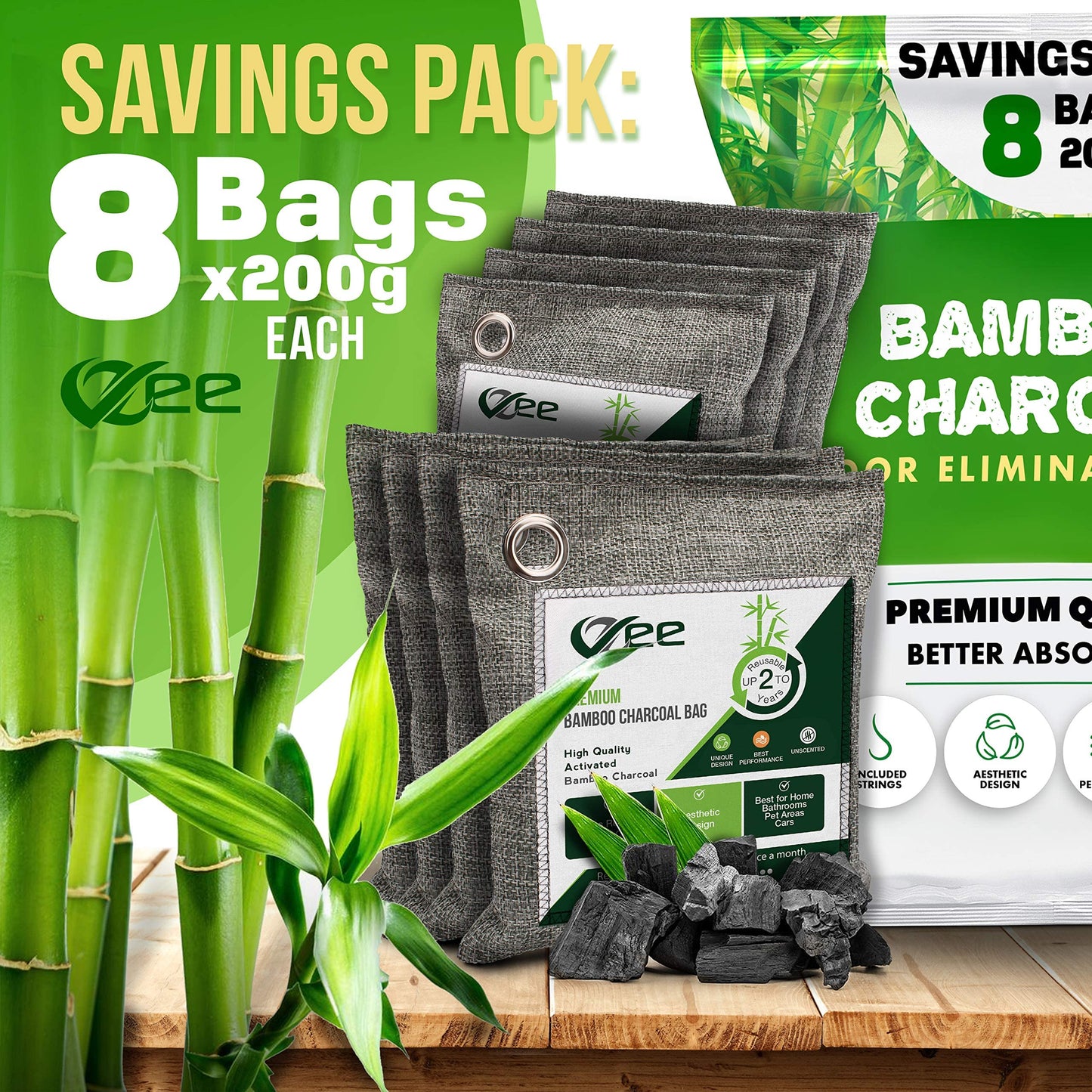 8 XL Bags x 200g Nature Fresh Activated Odor Absorber, Bamboo Charcoal Air Purifying Bag, Odor Eliminator for Home, Car, Cigarette Smoke, Dog, Cat, Shoes