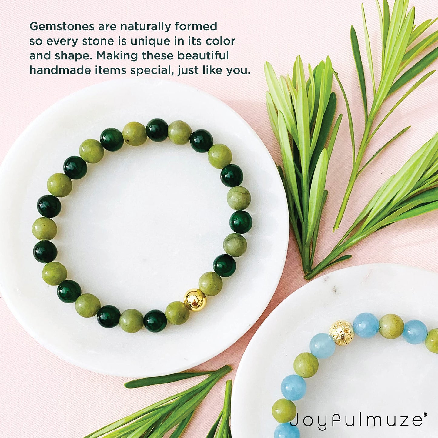 Joyfulmuze Natural Jade Serpentinite Stretch Bracelets, Premium Handmade Crystal Healing, Gemstone Beaded Gift For Men Women, Dark and Olive Green(Jade 17cm long)