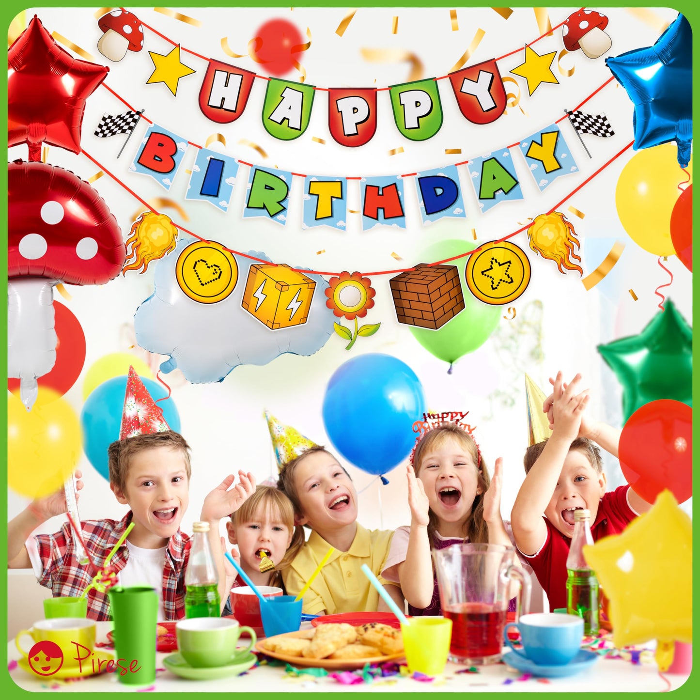 Pirese Retro Game Birthday Decorations, Video Game Birthday Banner Party Kit with Balloons, Pre-Strung Gamer Birthday Party Supplies for Kids, Fun Land Arcade Theme Decor