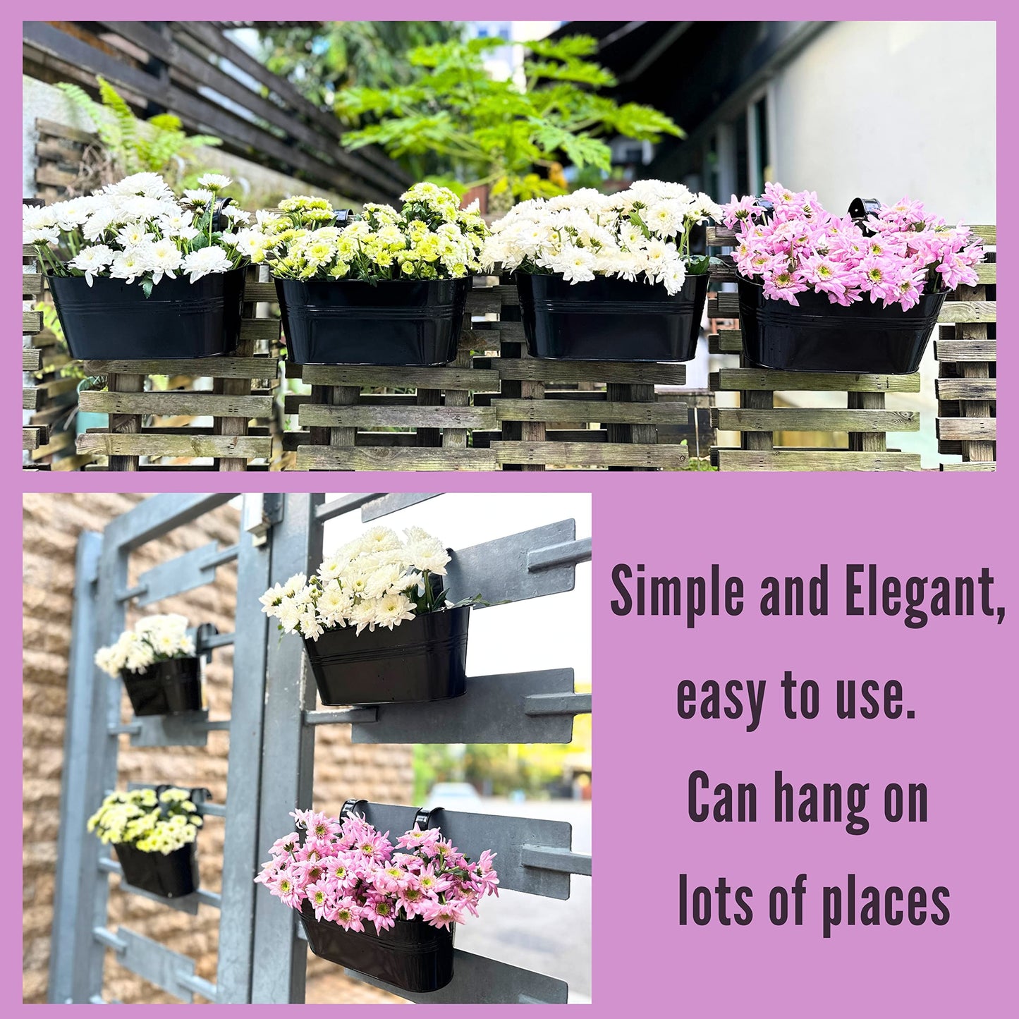 LaLaGreen Bundle - 6 Pack, 11.2 Inch Black + 6 Pack, 11.2 Inch Polka Dot Metal Iron Hanging Flower Pot Window Deck Railing Fence Wall Mount Plant Holder Patio Porch Modern Garden Outdoor Decor