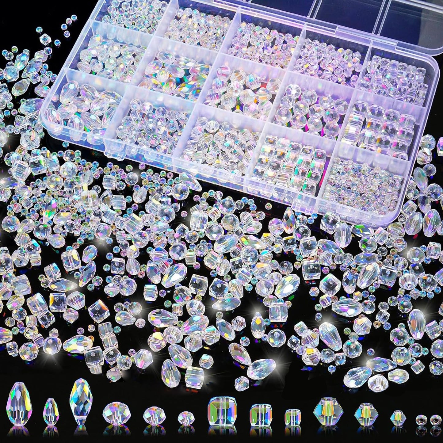 Laopottbeads 1500 Pcs Crystal Glass Beads for Jewelry Making – 12 Styles Bicone, Rondelle, Cube, Teardrop & 3mm Spacer Beads, DIY Bracelet Necklace Earring Craft Kit with Organizer Box(AB Color)
