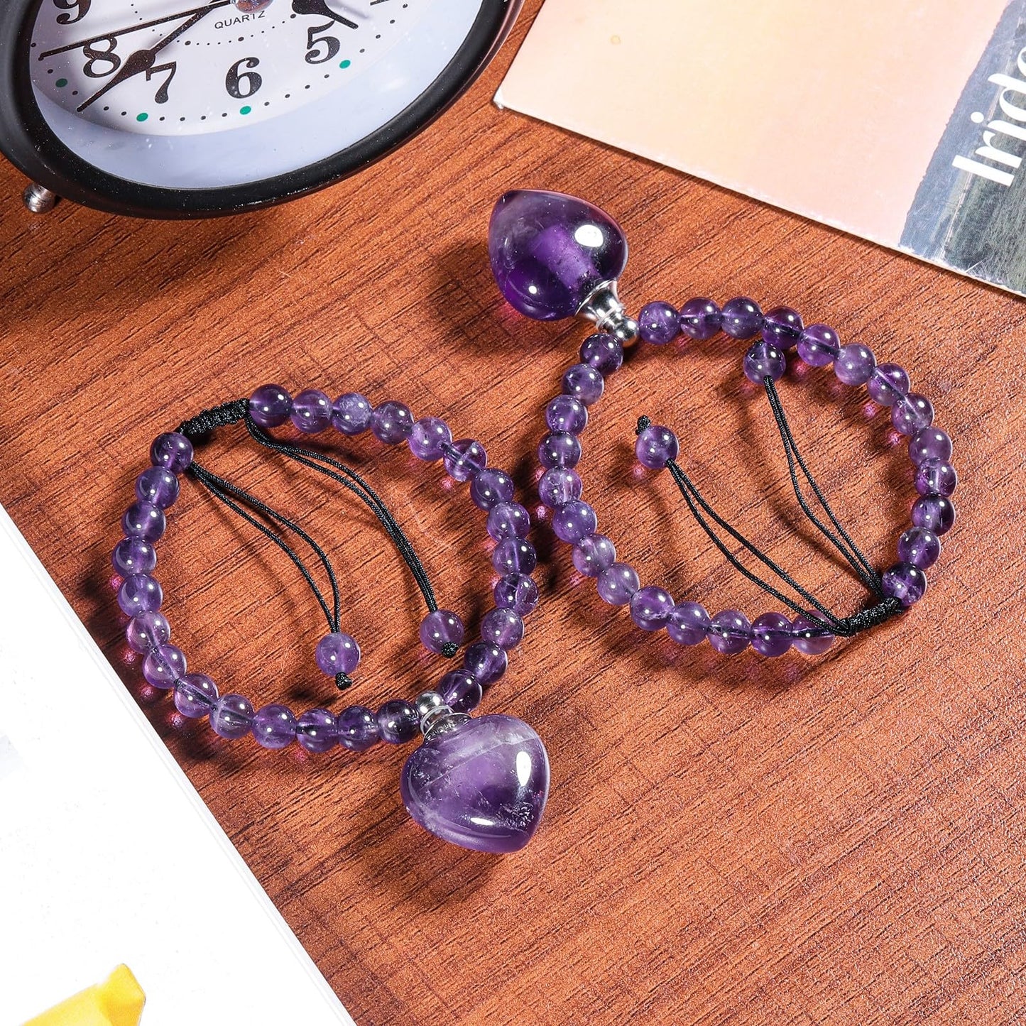 TUMBEELLUWA Healing Amethyst Bracelets Love Jewelry for Women Men 6mm, Adjustable Heart Bead Stone Bracelet for Essential Oils