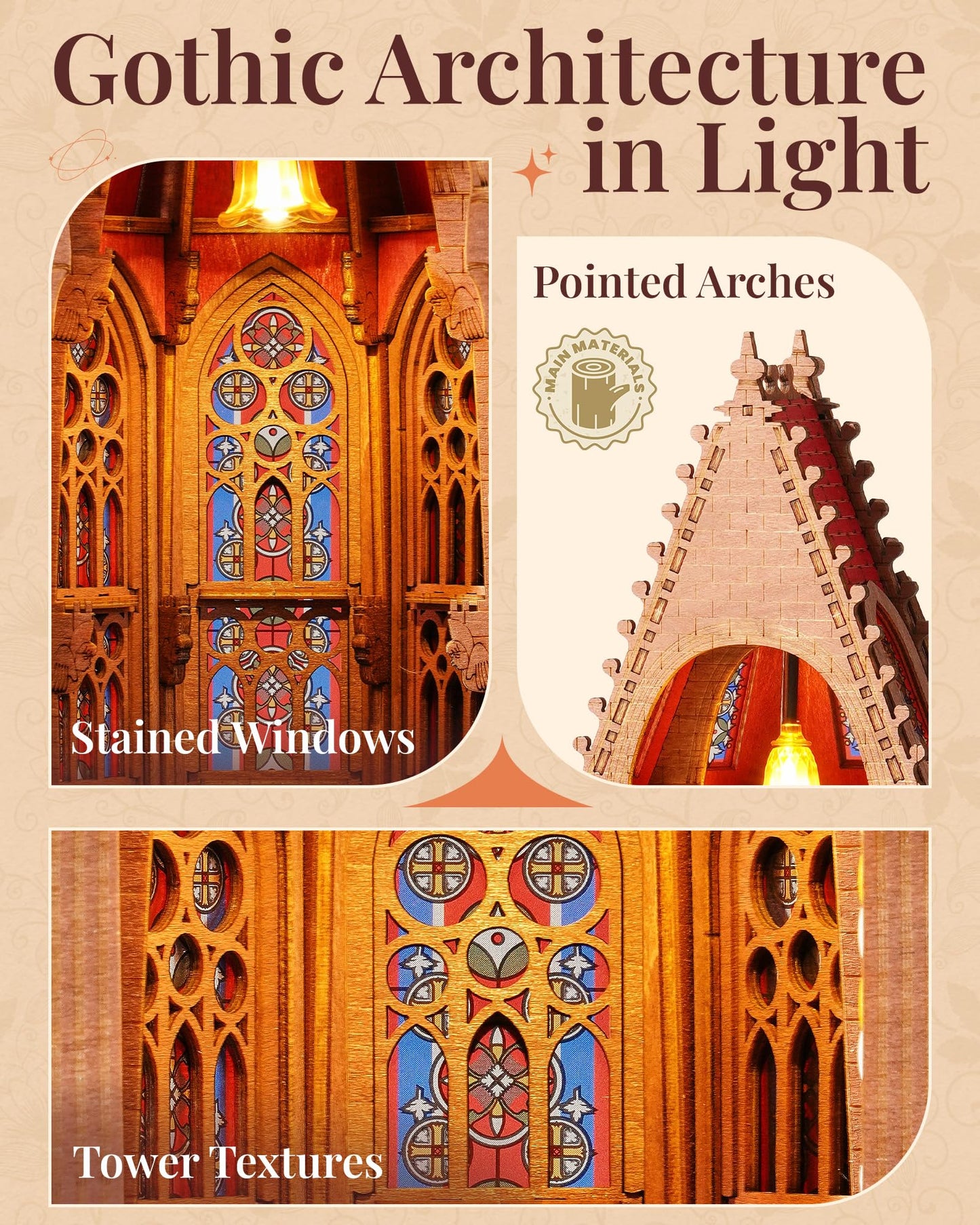 Rowood 3D Puzzle,Gothic Architecture Buiding Set Wooden Model Kits for Adults,DIY Adult Craft Kits with LED,Chirstmas Birthday Gift-Geometric Cathedral