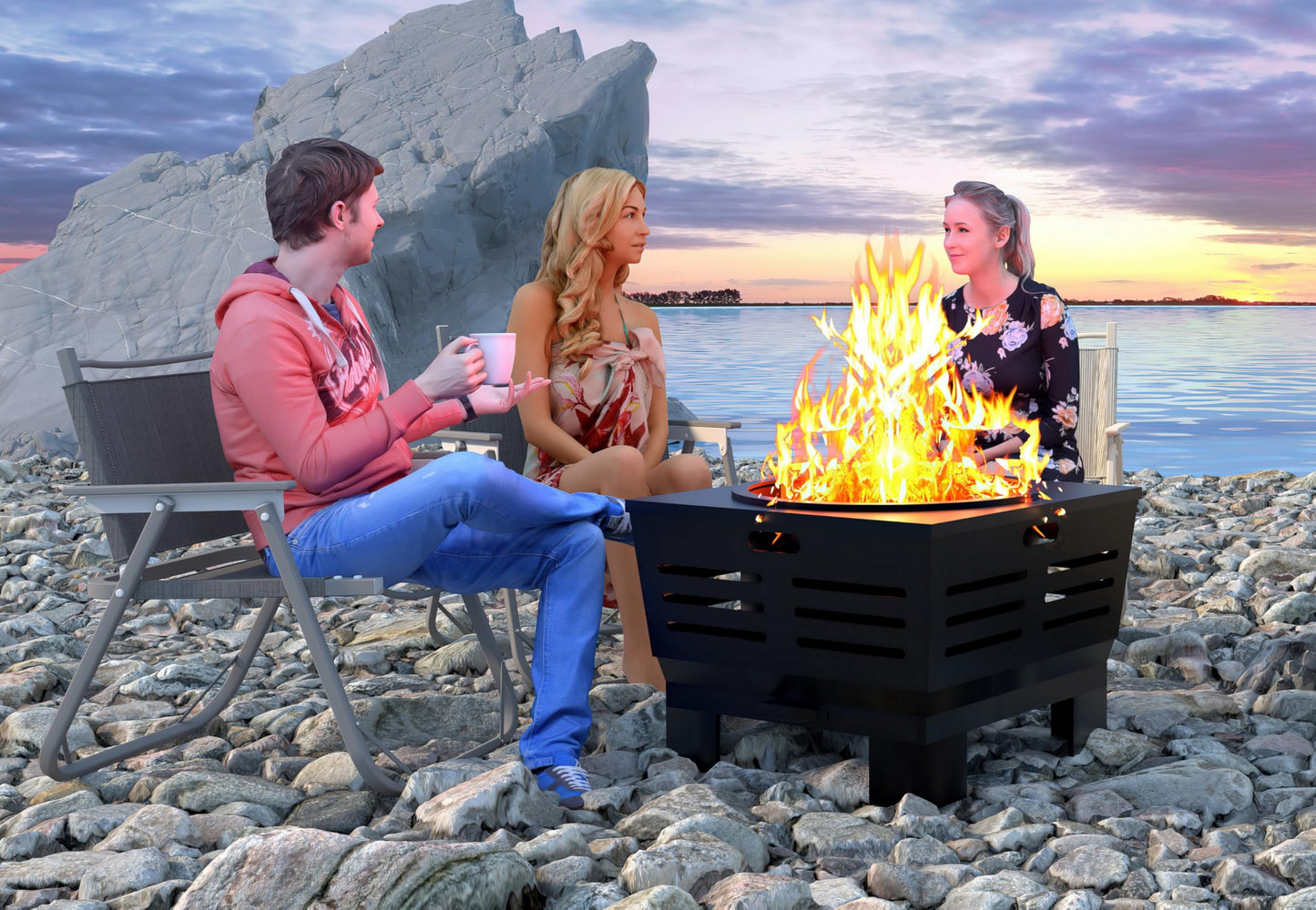 Fire Beauty Fire Pit with Stand,Smokeless Wood Burning Firepit with Ash Pan,Portable Outdoor Firepit with Cooking Grate & Poker For Camping,Backyard|L:23''xW:23''xH:19'',28.6lbs