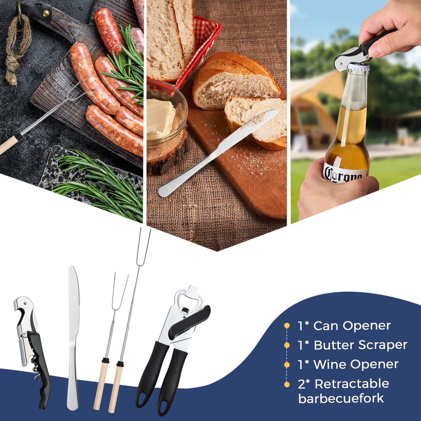 THTYBROS Portable Camping Kitchen Utensil 34 Pcs Set- Cookware Kit, Stainless Steel Outdoor Cooking and Grilling Utensil Organizer Travel Set Perfect for Travel, Picnics, RVs, Camping, BBQs, Parties
