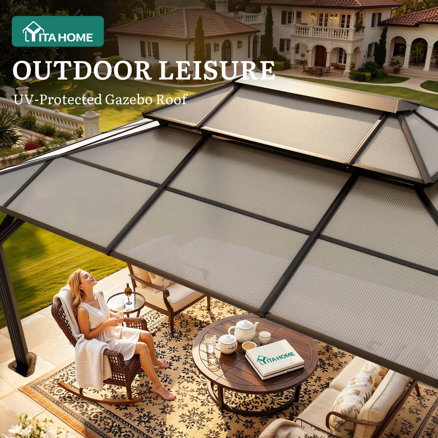 YITAHOME 12x16FT Polycarbonate Gazebo Double Roof Canopy Outdoor with Netting and Shaded Curtains, Aluminum Frame Polycarbonate Hardtop Garden Tent for Patio, Backyard, Deck and Lawns, Grey