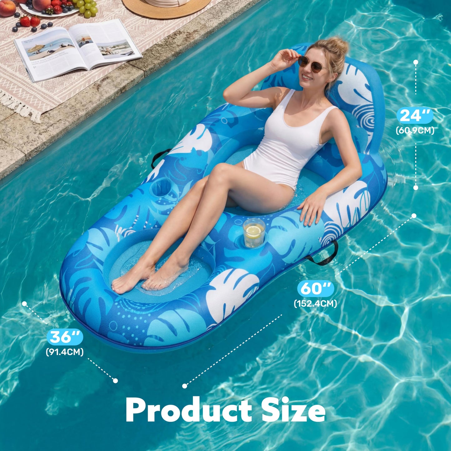 SLOOSH Premium Pool Floats Lounger for Adults - Inflatable Fabric Covered Float Recliner Pool Lounge Chair with Backrest & Cup Holders for Beach Lake Swimming Pool Water