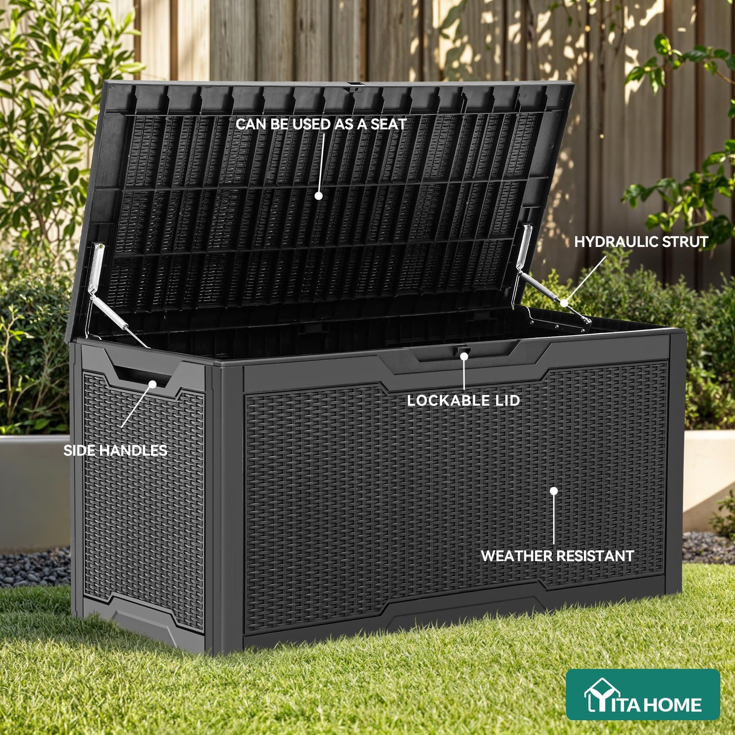 YITAHOME 100 Gallon Large Deck Box, Outdoor Resin Storage Boxes for Patio Furniture, Outdoor Cushions, Garden Tools, Water Resistant and Lockable