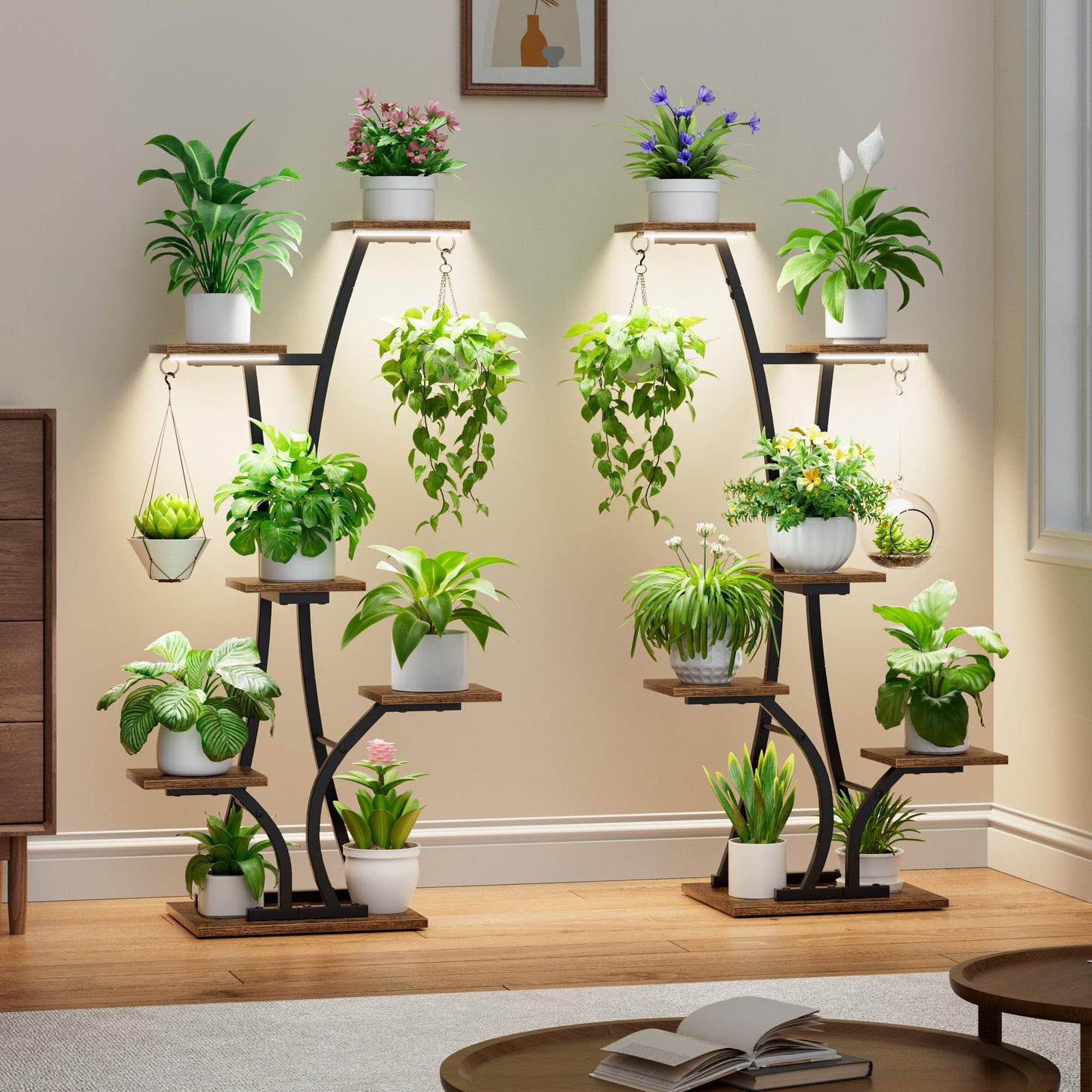 MOSTWOGO Plant Stand with Grow Light for Indoor Plants, 6 Tiered Metal Plant Shelf, 45" Indoor Plant Rack with 7 Shelves and 2 Hooks, Modern Corner Plant Holder for Living Room Balcony Bedroom, Black