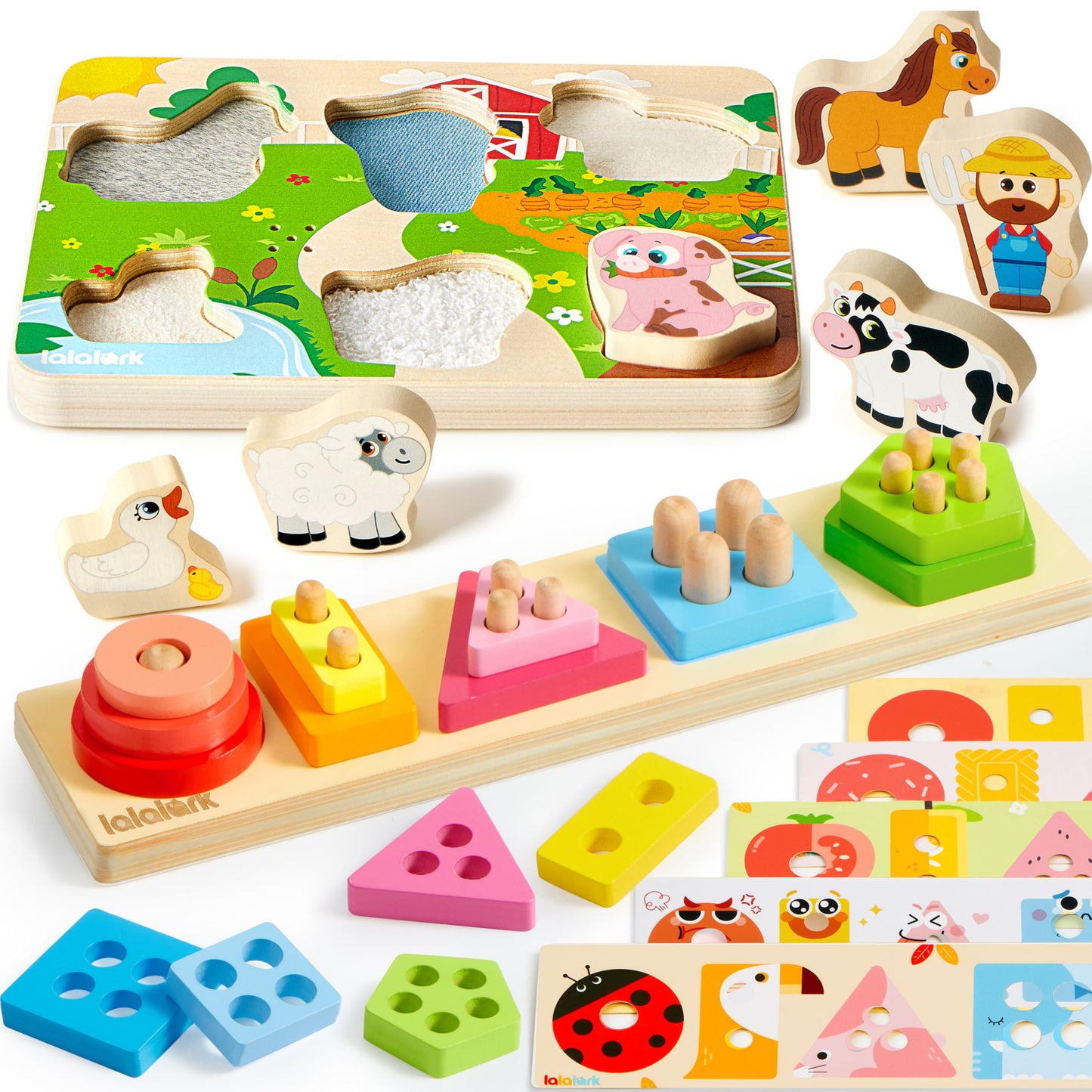 lalalark Montessori Toys for 1 2 3 Year Old Boy Girl, Wooden Sorting & Stacking Toys, Shape Sorter Baby Toy, Tactile & Sound Wooden Chunky Puzzles for Baby 2-4, Musical Farm Animal Toys