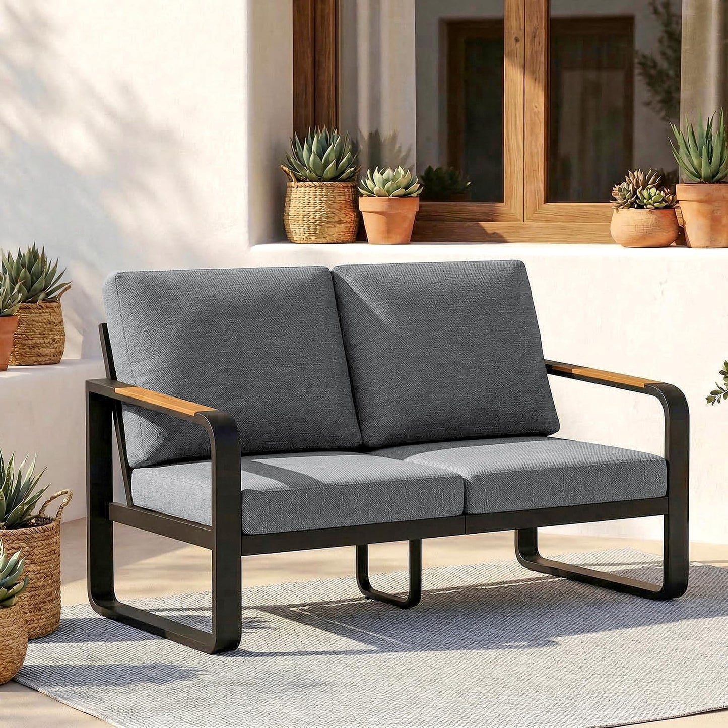 Tribesigns Outdoor Loveseat with Tall Back & Oversized Seat, Modern Metal Frame Patio 2-Seater Sofa with 6'' Thick Cushions, All-Weather Conversation Sofa for Backyard, Porch, Balcony, Poolside, Gray