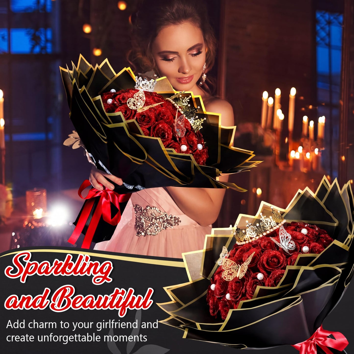 Fullhawl Money Bouquet Kit 48 Sheets Flower Wrapping Paper 48 Butterflies 4 Crowns 18 Cards 150 Bamboo Skewers Flower Bouquet Accessories for Birthday, Graduation, Wedding Gifts(Chic Colors)
