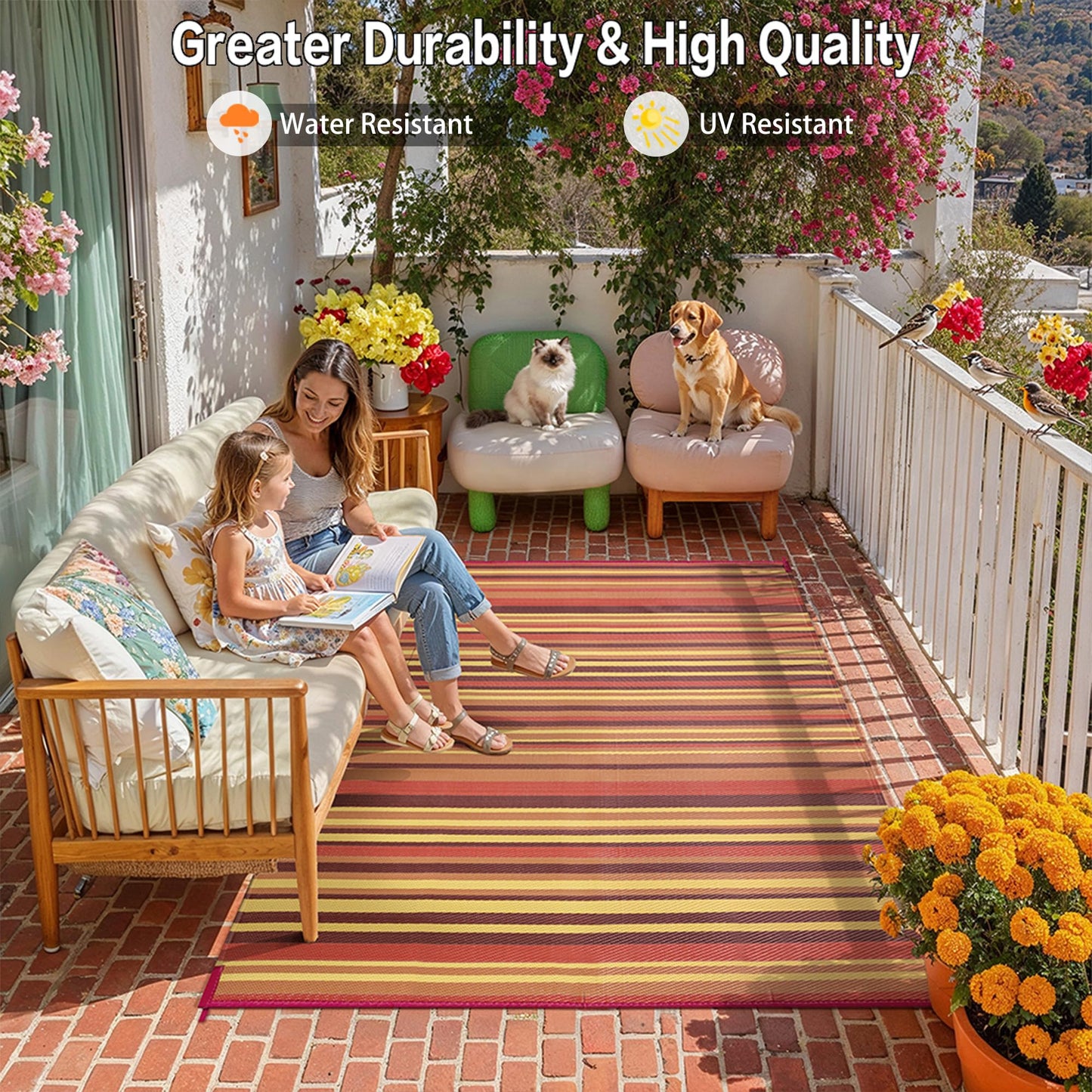 WondRg Outdoor Plastic Straw Rug Waterproof Patio 5x8 Red Orange Stripe Mat for Porch Camping RV Balcony Deck Courtyard Reversible Lightweight Durable Portable Carpet