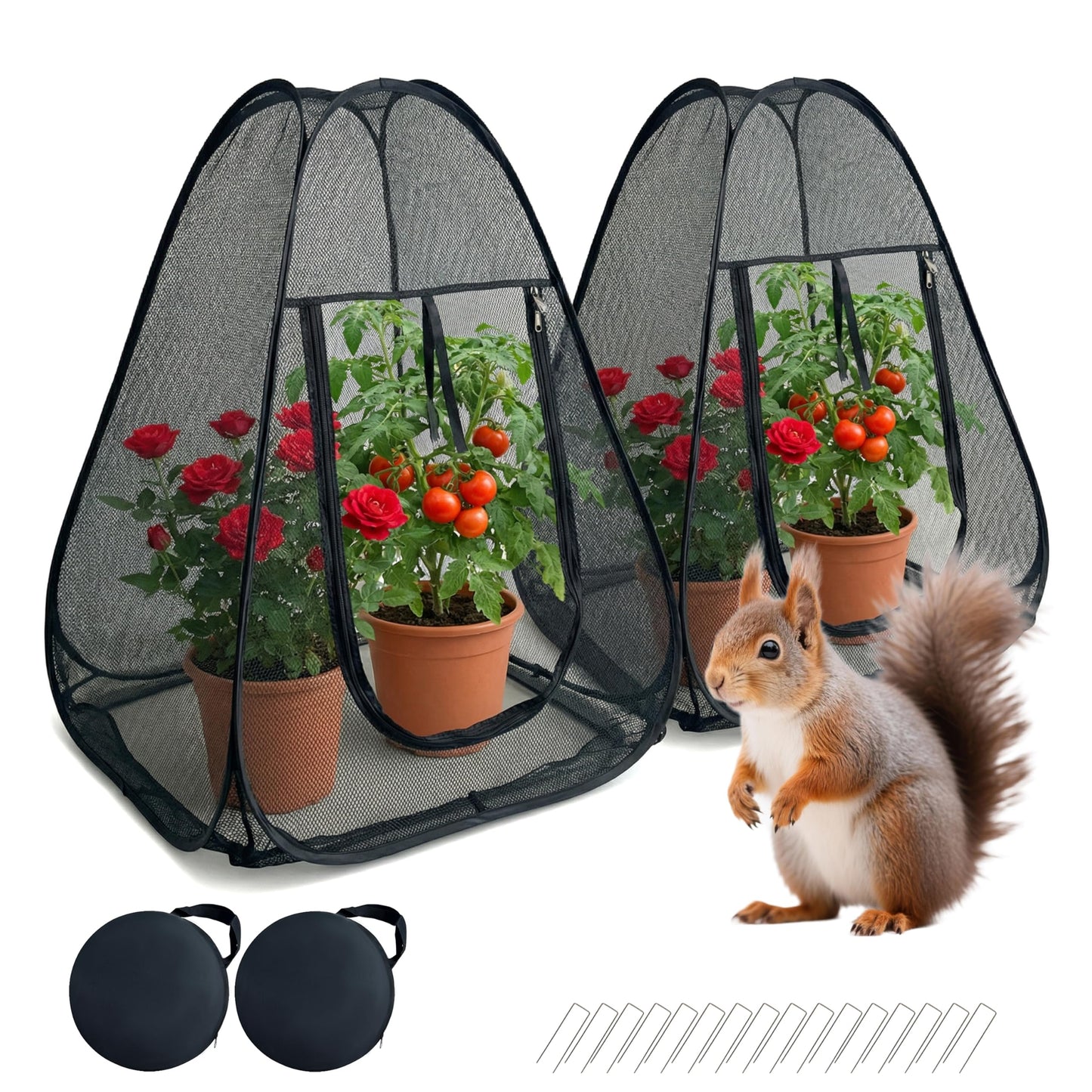 2PCS Pop-Up Garden Netting Protector with 2 Storage Bags & 16 U-Shaped Nails, 28"x28"x32" Plant Shade Tent， Mesh Plant Cover from Animals for Vegetables Fruits Flowers