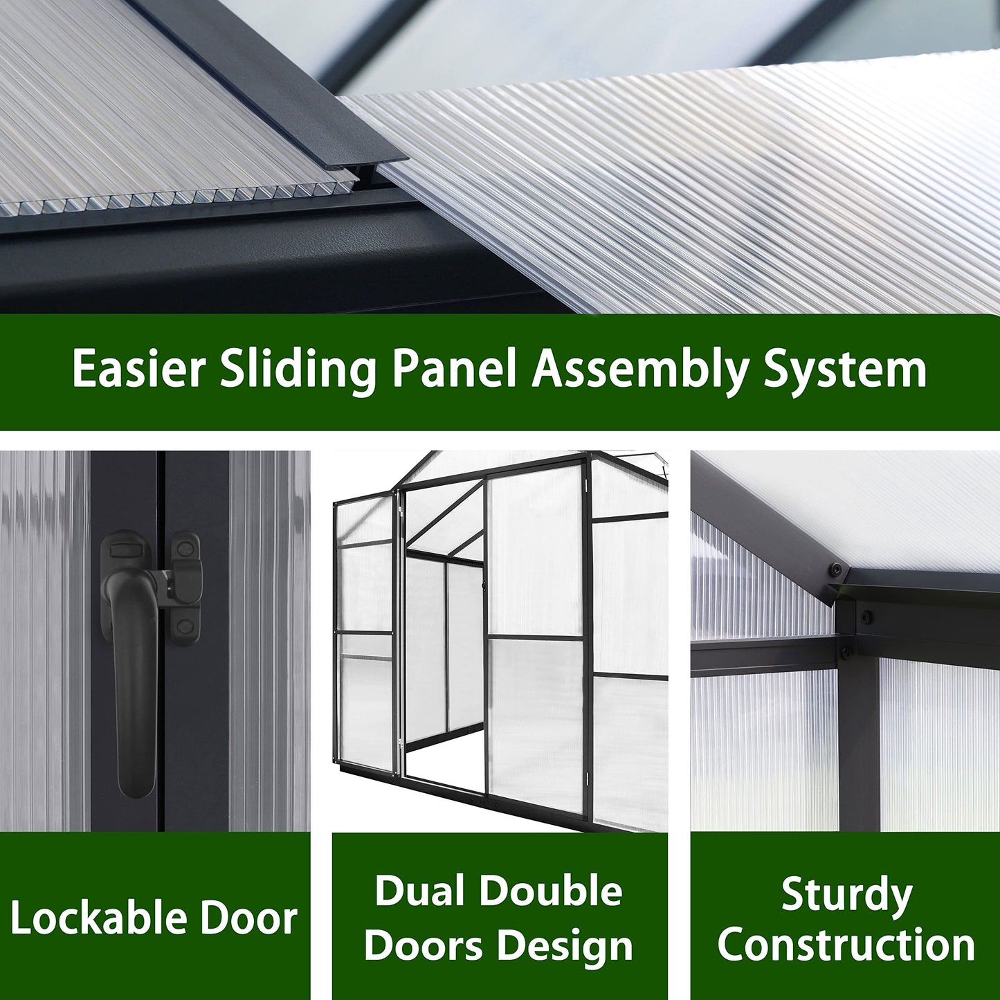 Yardenaler 8x14 FT Green House for Outdoor, Polycarbonate Aluminum Walk-in Greenhouse Kit with Lockable Door and Adjustable Roof Vents, Backyard Garden in Winter, Gray