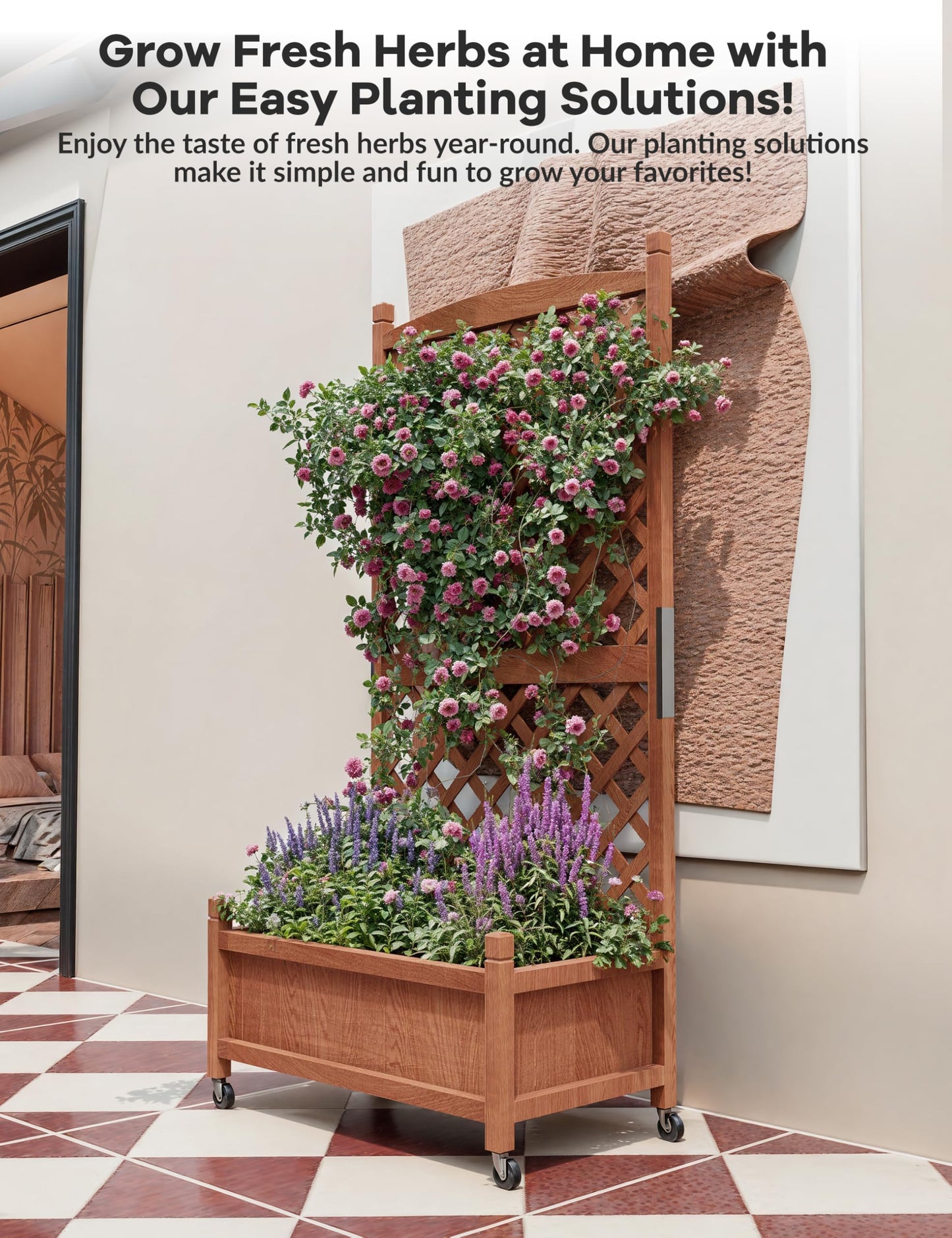 2PCS Raised Garden Bed with Trellis,61.5" Vertical Wooden Garden Bed on Wheels with Drainage Holes,for Plant Flower Climbing Pot Hanging, Indoor & Outdoor Planter Box for Yard, Garden, Balcony