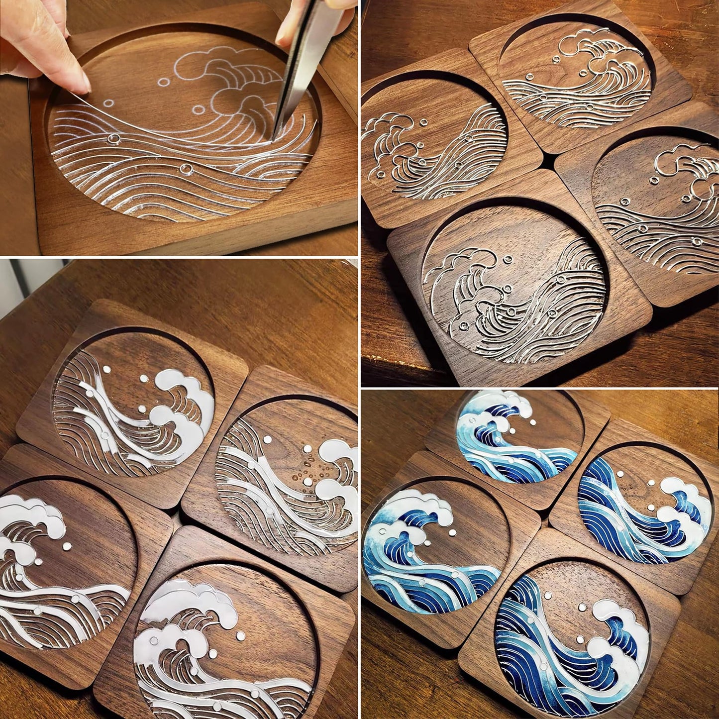 Blauwhim Wooden Coasters Craft Kits – Filigree Enamels Painting DIY Coasters Art Projects Materials & Tools Package – Crafts for Adults, Hobby, Seniors, Women, Teens (Great Waves)