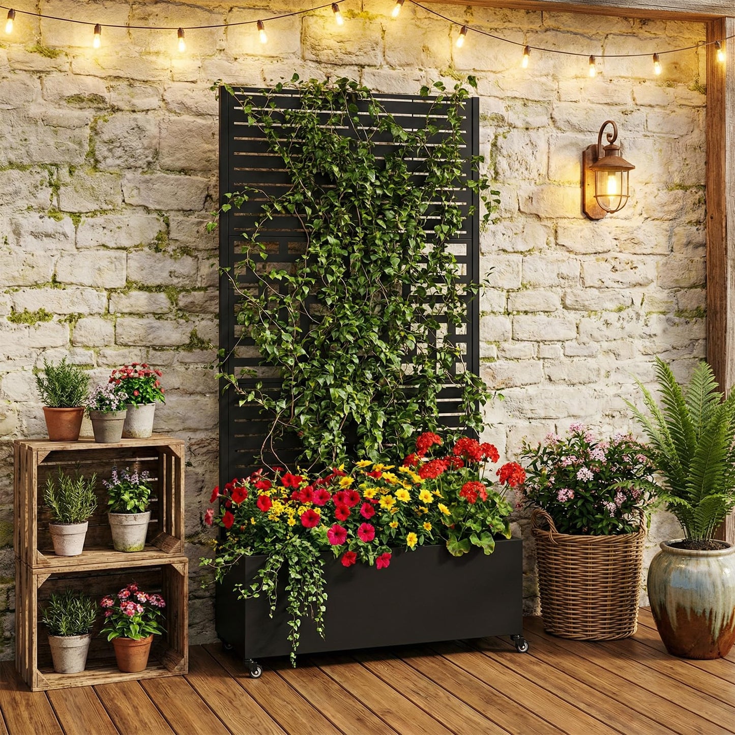 CervidomePro Metal Planter Box with Trellis Standing Planter Box for Climbing Plants/Vines Raised Garden Bed On Wheels 70.87x35.43x15.75 Inch