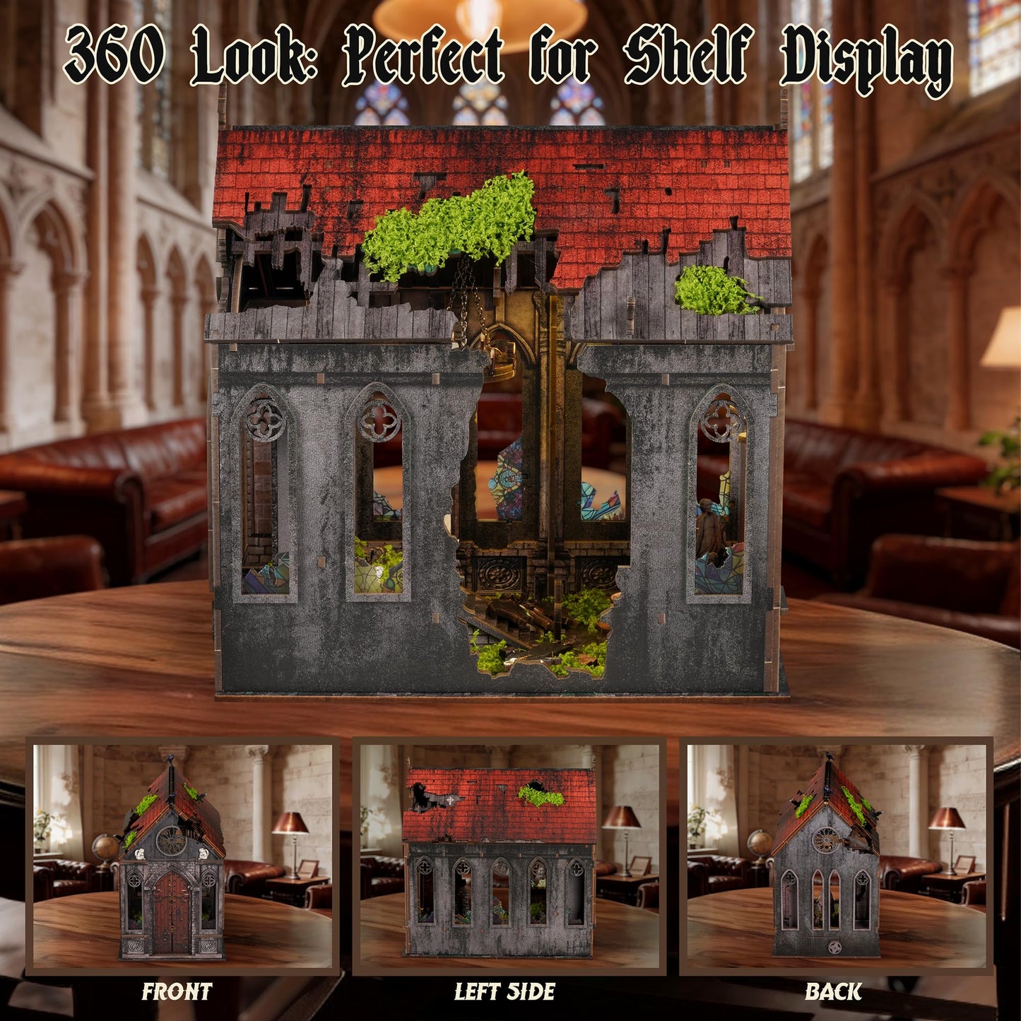 Lost Cathedral Miniature House Kit - DIY Miniature Kit for Adults, Teens, Dollhouse Booknook Bookshelf Insert Decor with LED Light, 3D Wooden Puzzle Gifts for Family, Friends