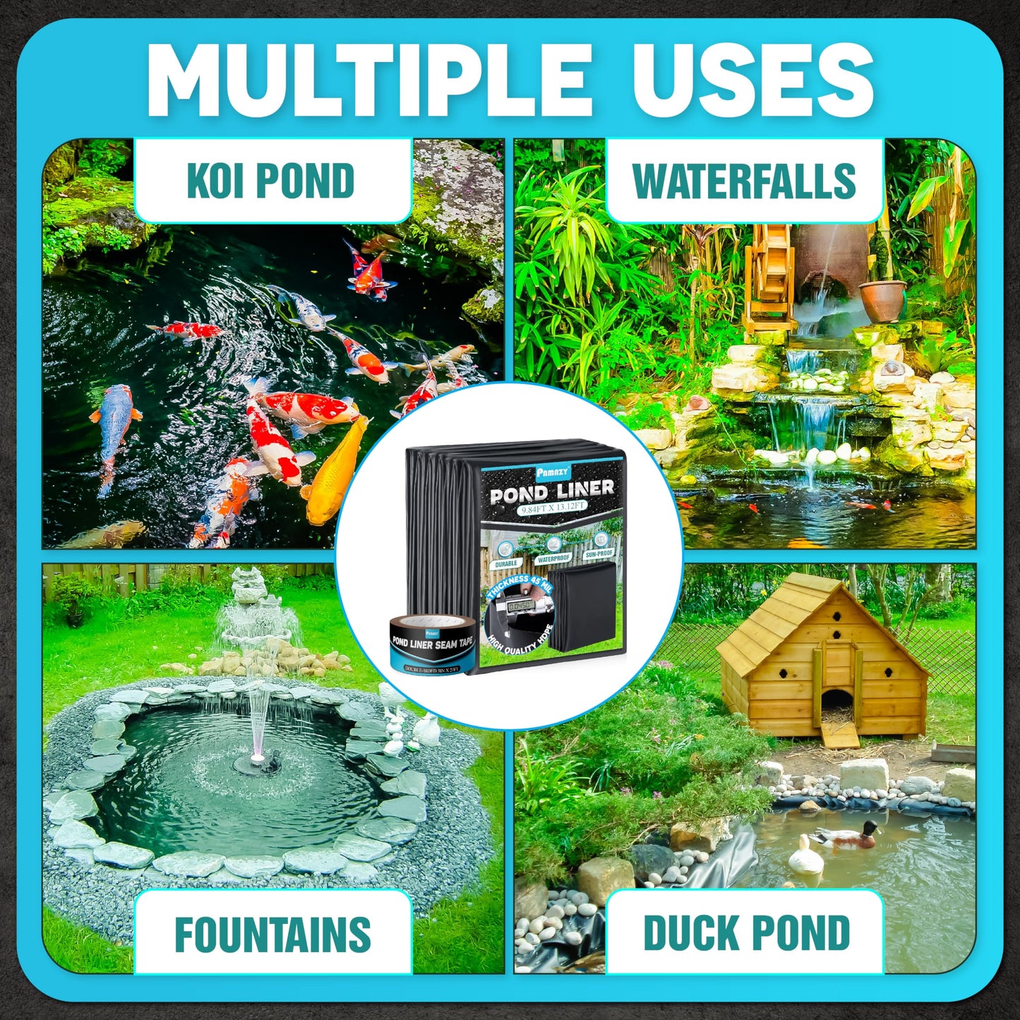 PAMAZY [Premium] 45 Mil LDPE Pond Liner with Seam Tape, Pond Lining for Fish Pond, Performed Garden Ponds, Large Pond Liner for Fishpond, Koi Pond, Waterfall, Streams (9.8 x 13.1FT)