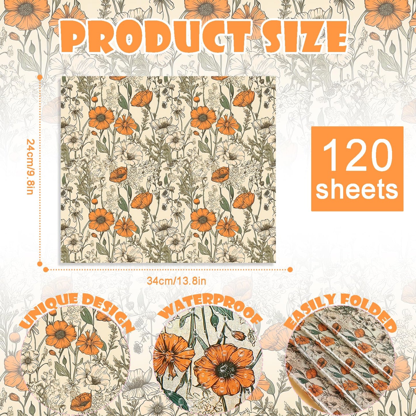 120 Sheets Orange Wildflower Garden Floral Wax Paper for Food Deli, 13.4 * 9.4‘’ Retro Floral Greaseproof Deli Paper for Sandwich Picnic Basket Liner Birthday Party Supplies