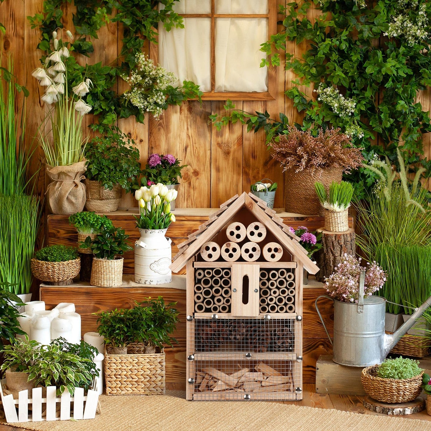 2 Set Bug Hotel Kit DIY Insect Hotel Lady Bug House for Garden DIY Cedar Wood Craft for Butterfly, Ladybird, Beneficial Insect Habitat Mason Bee House, 13.6 x 10.8 x 2.8 Inch(A)