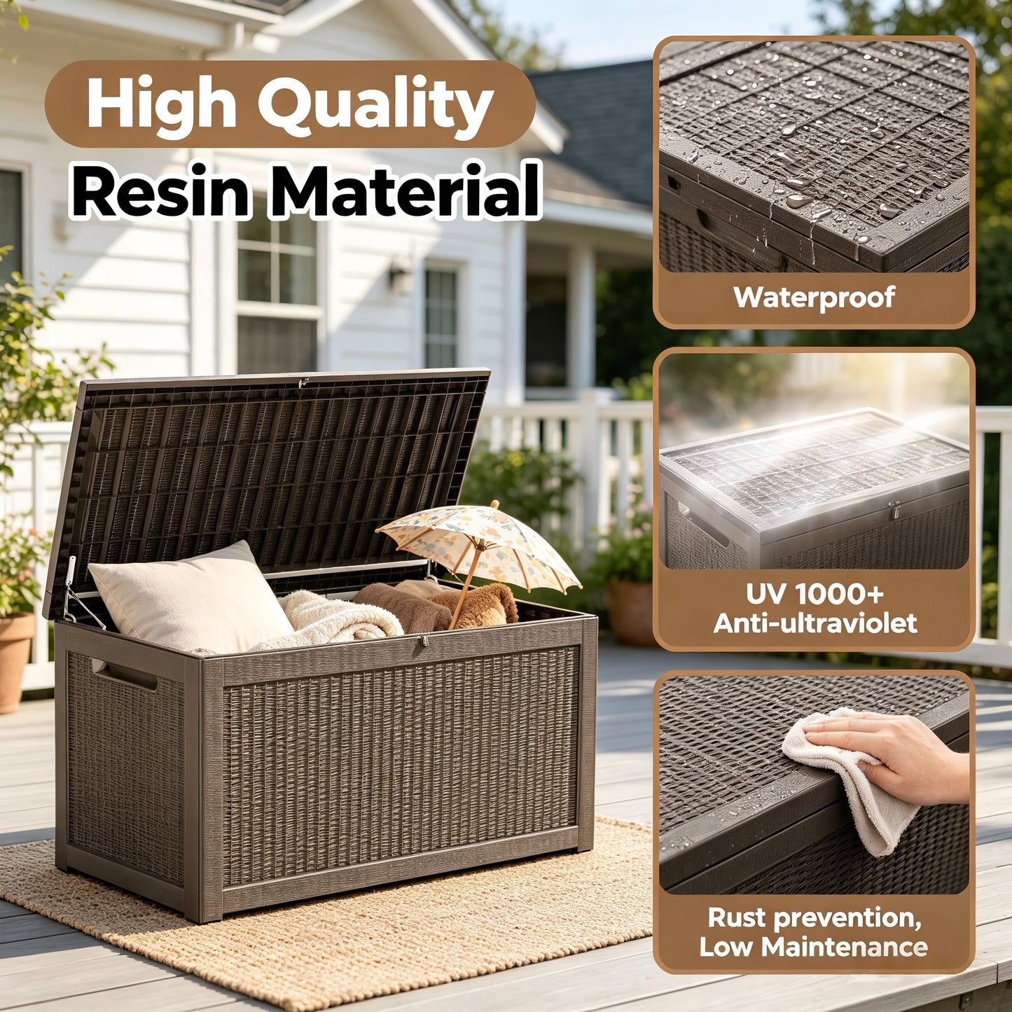 328 Gallon Waterproof Outdoor Storage Box, Heavy Duty Resin Deck Box Lockable, Large Outside Patio Storage Bench for Garden Tools & Pool Accessories, Hydraulic Lift, All-Season UV-Resistant, Brown