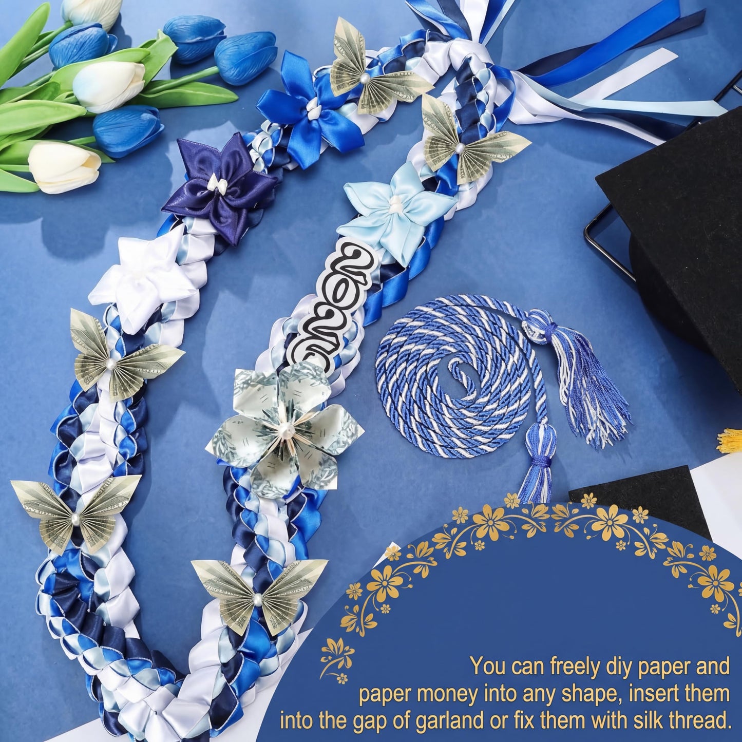 Craftsatin 2026 Graduation Money Leis with Honor Cord Class of 2026 Graduation Ribbon Money Leis Double Braided Handmade Necklace Kit for for High School College Grad Party Supplies(Blue White)