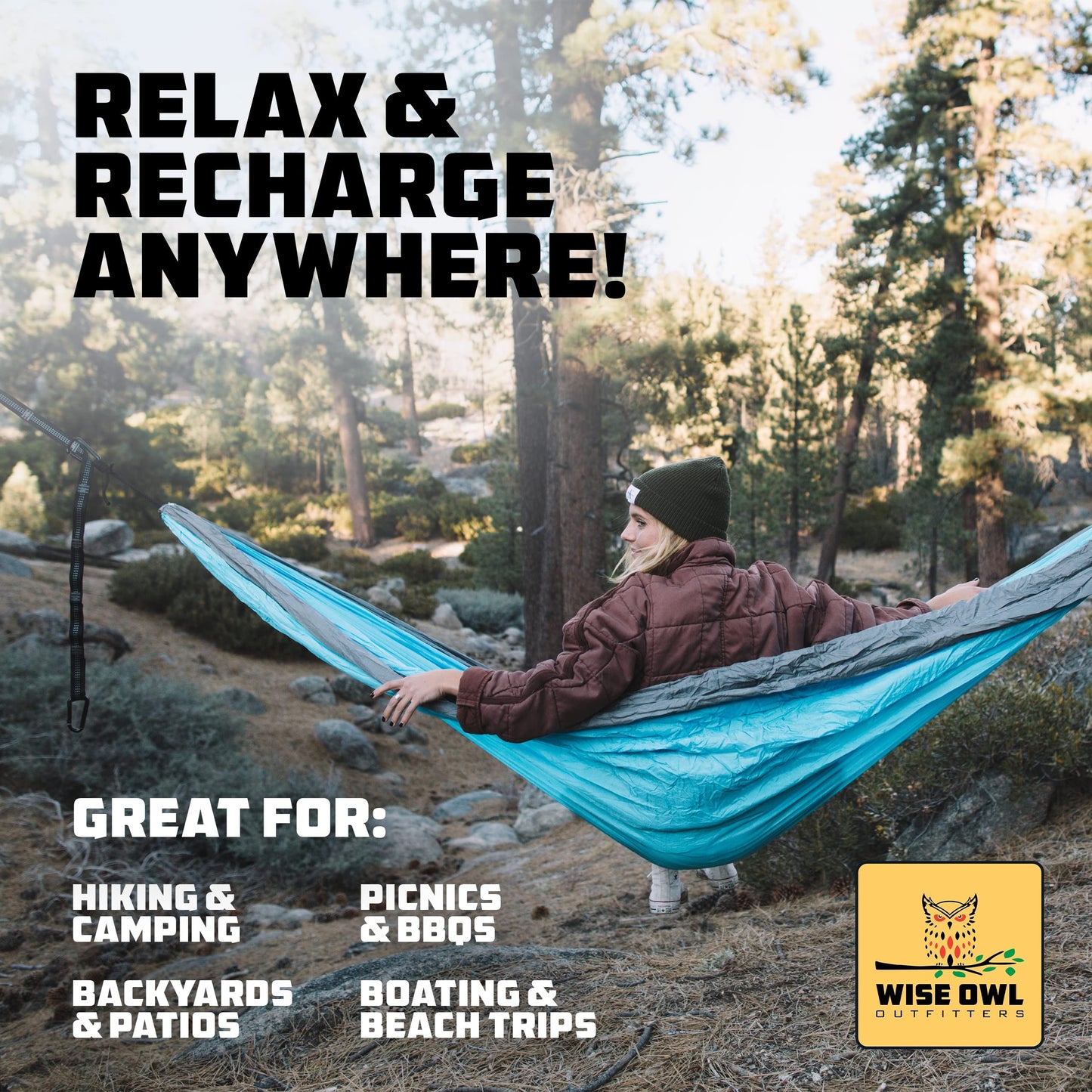 Wise Owl Outfitters Hammock for Camping Single Hammocks Gear for The Outdoors Backpacking Survival or Travel - Portable Lightweight Parachute Nylon SO Black & Grey