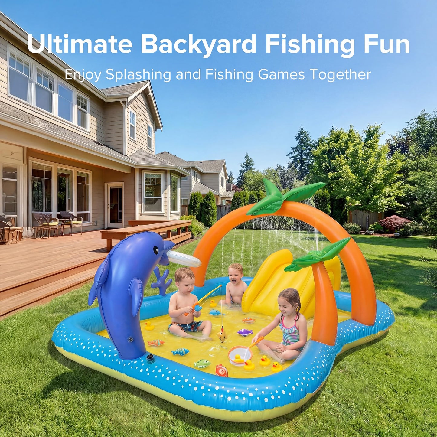 Andola Inflatable Play Center, Kiddie Pool with Slide & Sprinkler – 95"x75"x40" Outdoor Blow-Up Splash Pad Pools for Toddlers Ages 2+, Backyard Kids Water Slide for Summer Fun