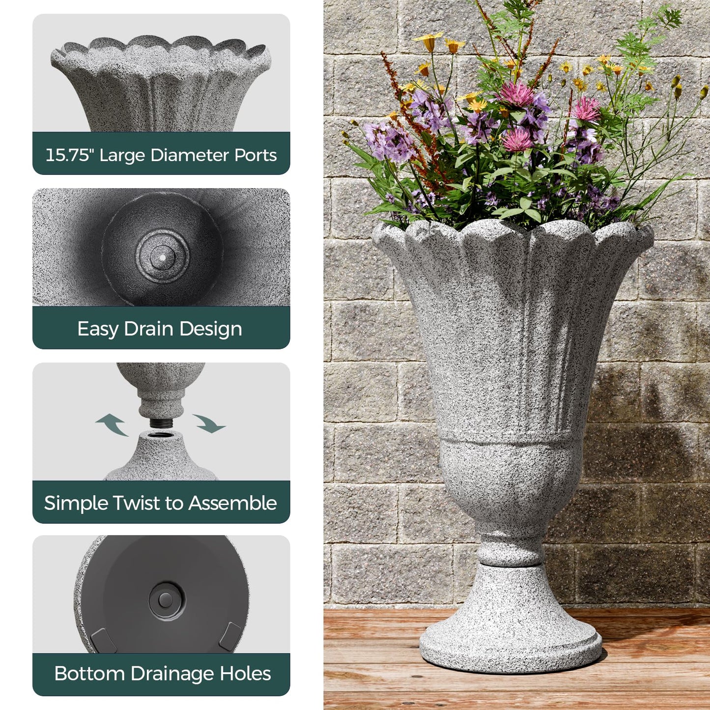 Trygoal 23.6" Tall Plastic Urn Planters for Outdoor Plants with Drainage Holes & Petal Design, Set of 2 Sturdy Base Classic Indoor Large Flower Pots, Outdoor Planters for Porch/Home, Yellow Beige