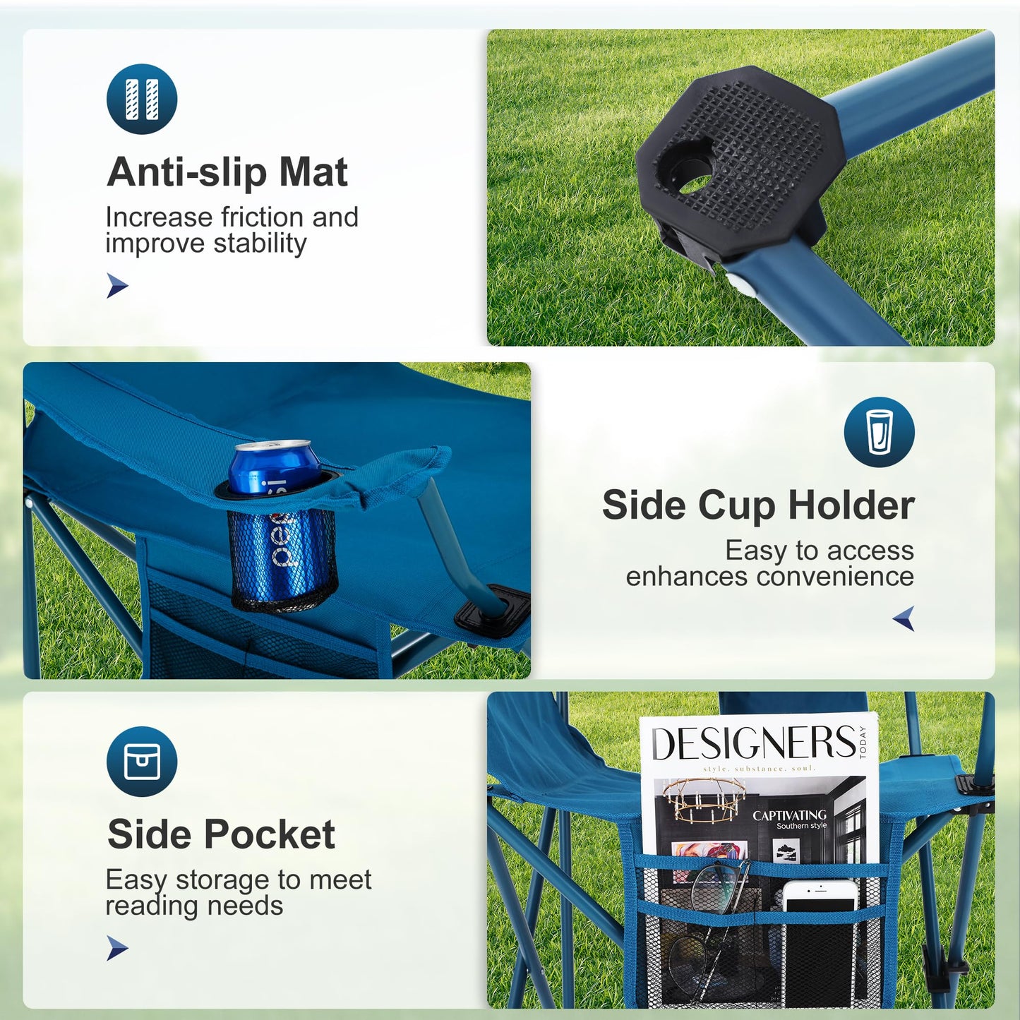 LET'S CAMP Camping Chair 2 Pack Folding Chair with 4-Can Cooler Bag Portable Lawn Chair with Cup Holder,Storage Pocket, Supports 350LBS, Collapsible Chair for Camp, Beach, Picnic (Blue)