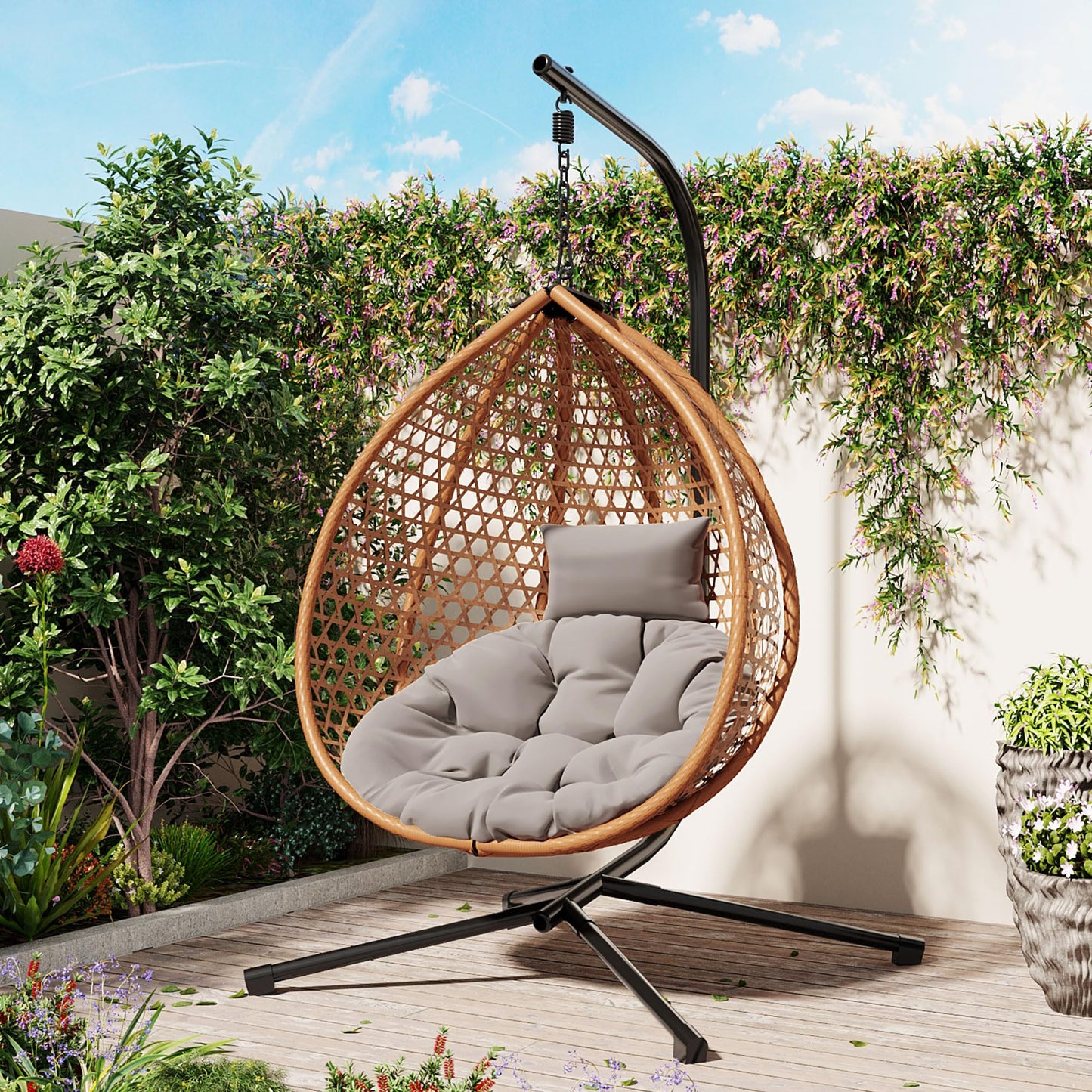 GDFStudio Hammock Chair with Stand, Rattan Weave Hanging Egg Chair with Cushion, Iron Frame Swing Ceiling Chair for Indoor Outdoor Patio Balcony Porch Garden, Patio Furniture, 330lbs, Brown+Gray